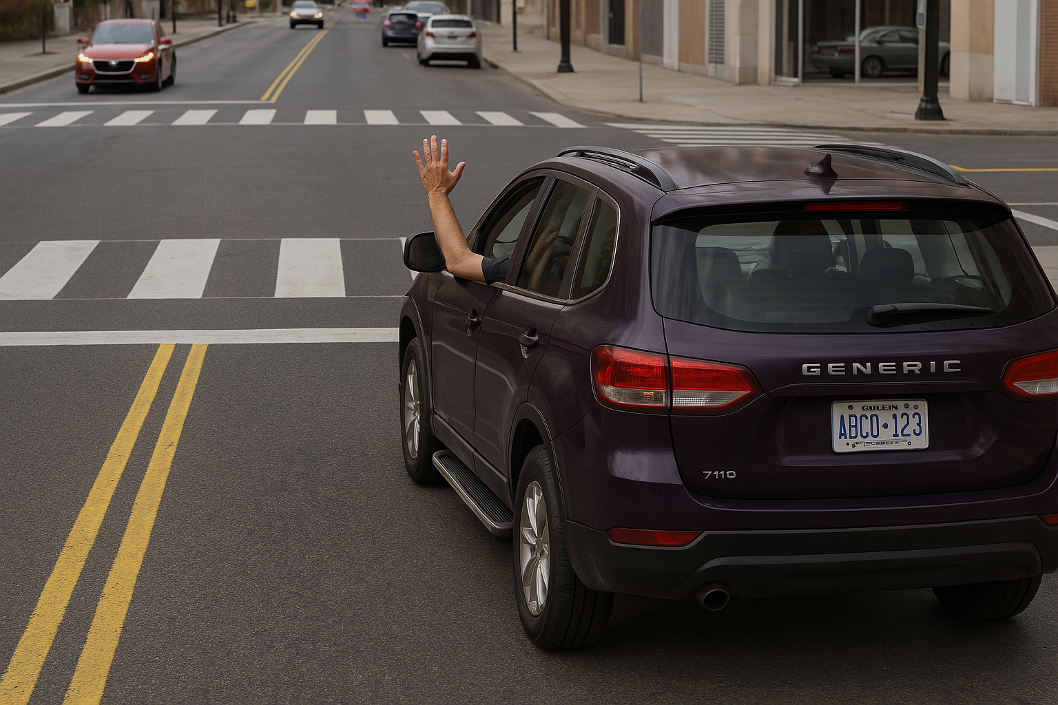 A realistic photo of a maroon Honda CR-V stopped at a pedestrian crosswalk on an empty urban street. The driver has their left arm extended out of the window, waving. The car displays an Ontario license plate reading "CKFG 217". The background features several modern buildings with large windows and beige facades, and a few cars driving in the opposite direction. The atmosphere is calm, with soft daylight and no visible pedestrians.