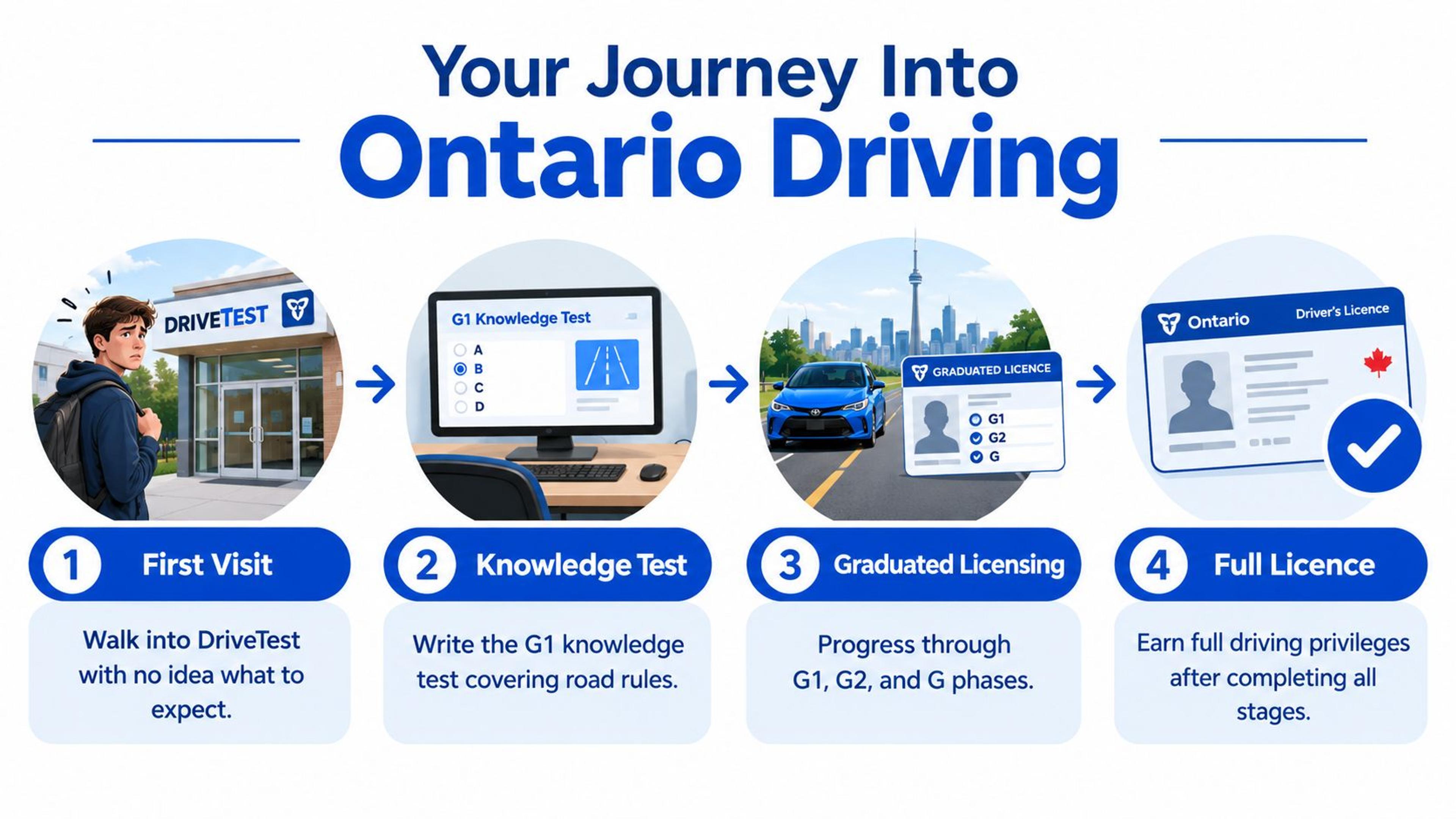 A four-step infographic illustrating the path to obtaining a full driving licence in Ontario, Canada.