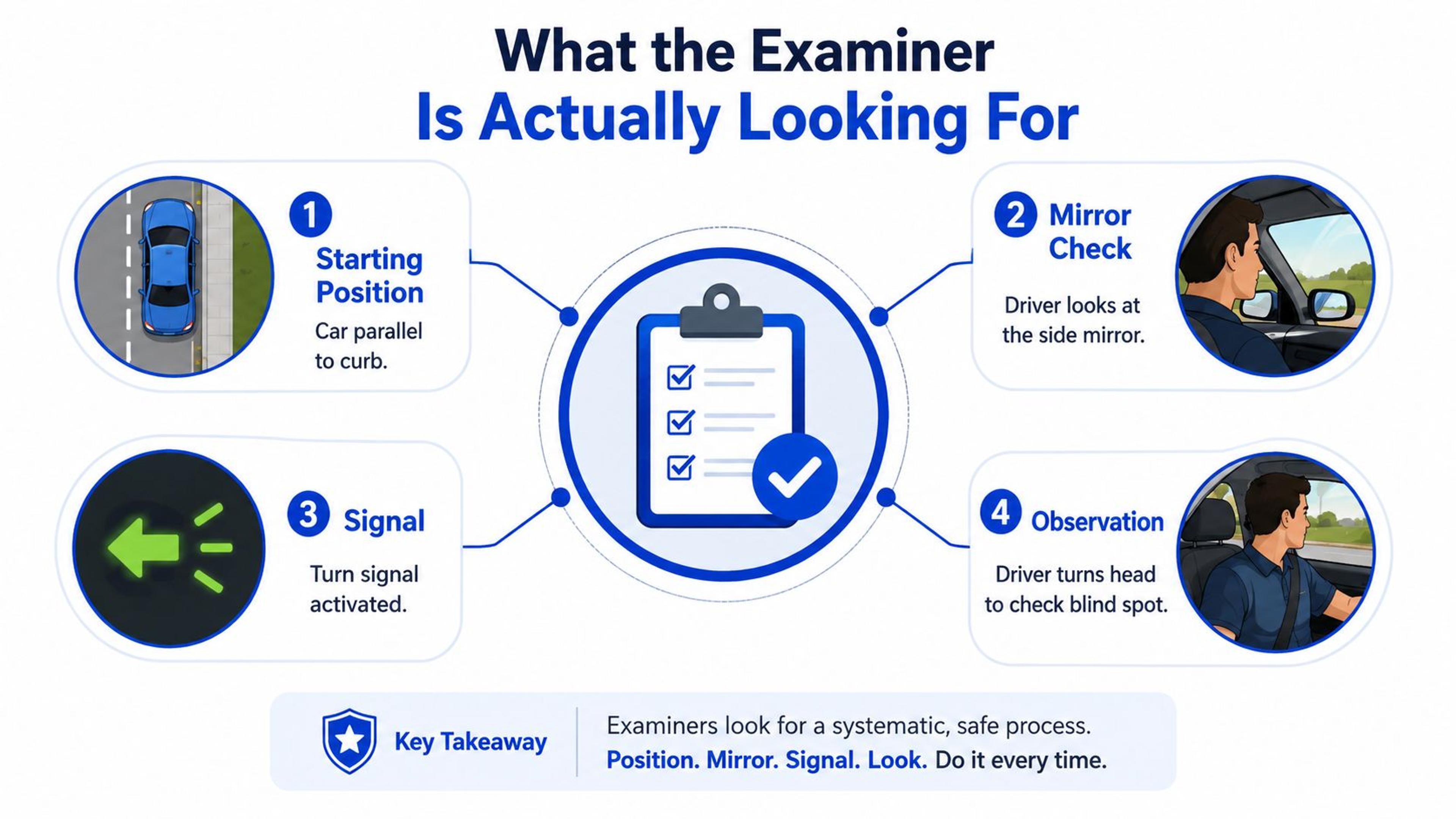 An infographic showing the four essential steps for safe parallel parking on a driving test.