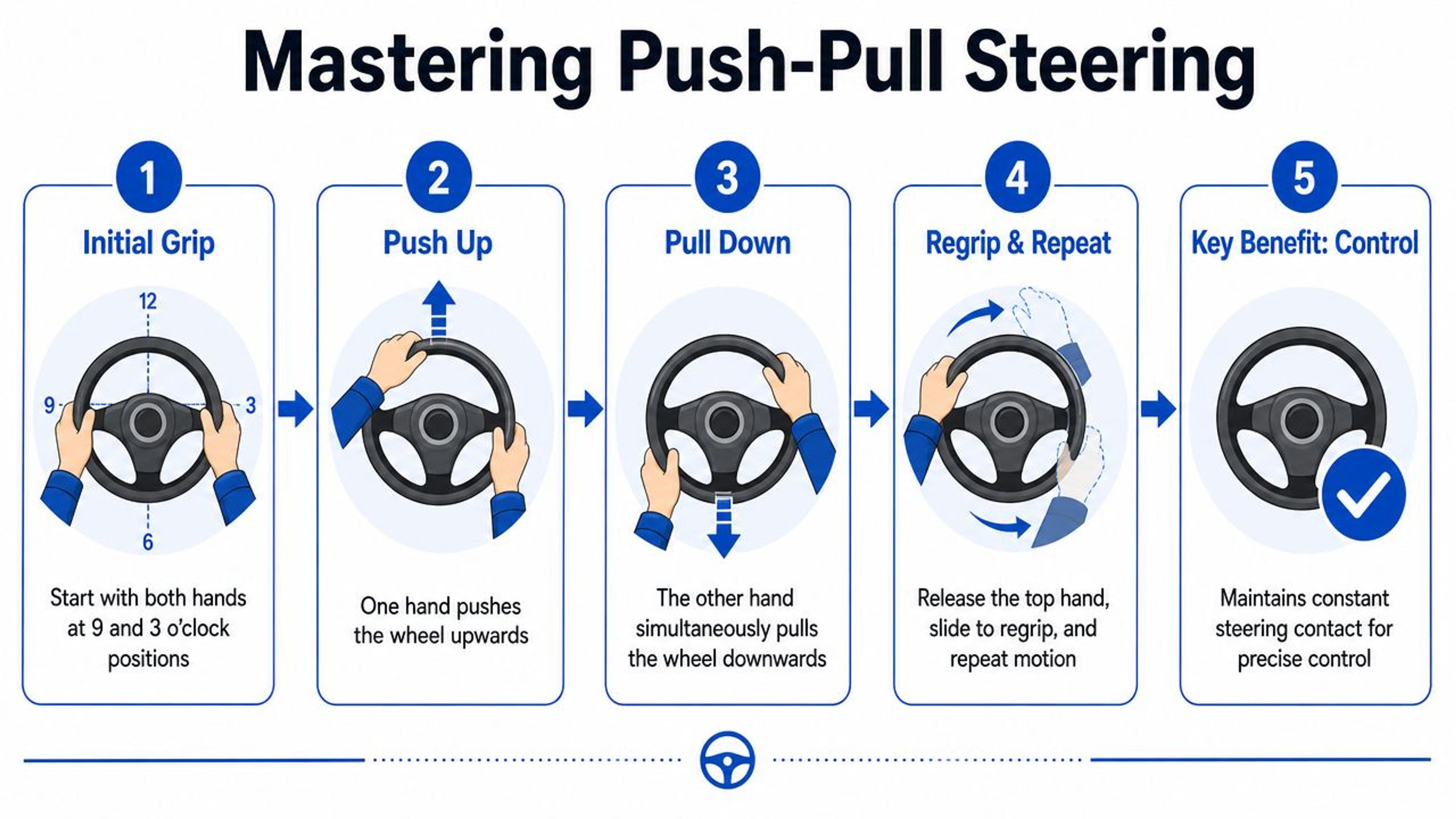 A five-step infographic illustrating the proper push-pull steering technique for drivers to maintain vehicle control.