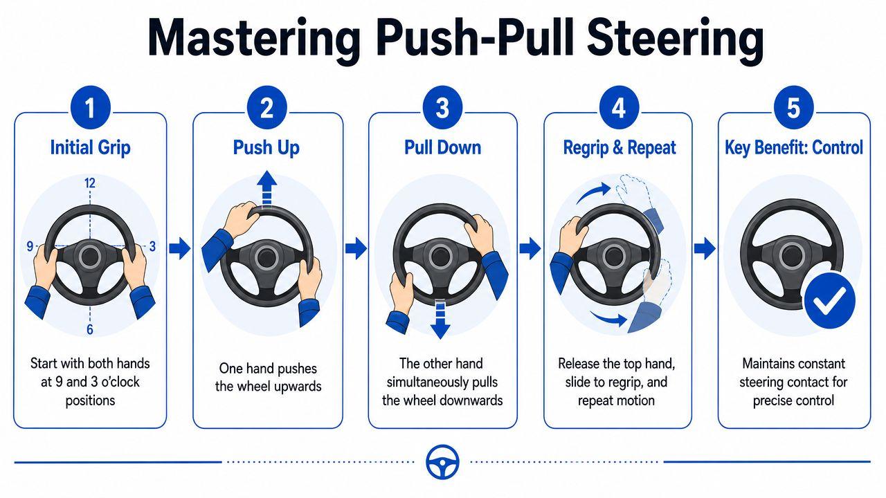 A five-step infographic illustrating the proper push-pull steering technique for drivers to maintain vehicle control.