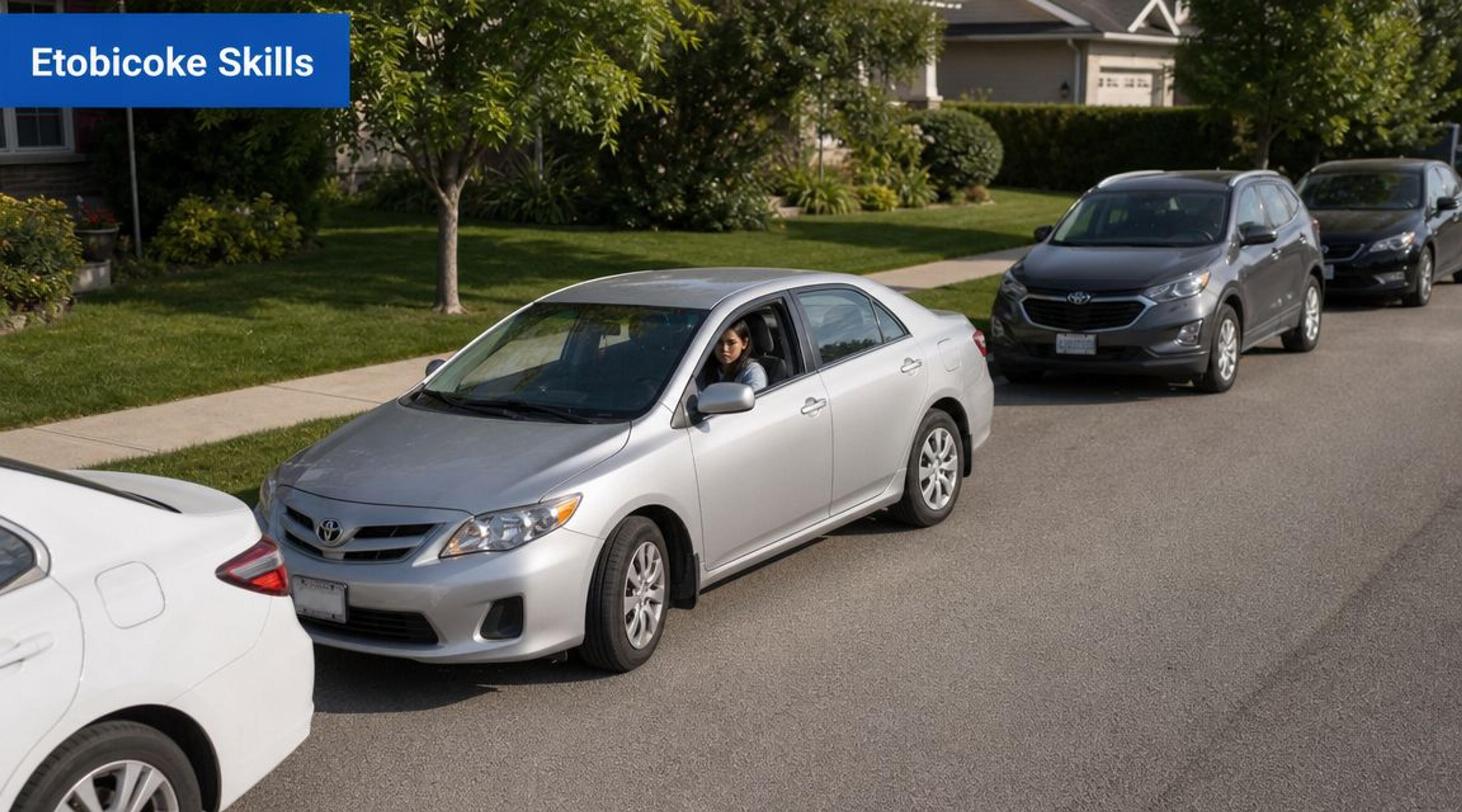 A student driver practicing parallel parking a silver sedan during a driving test in a residential neighborhood.
