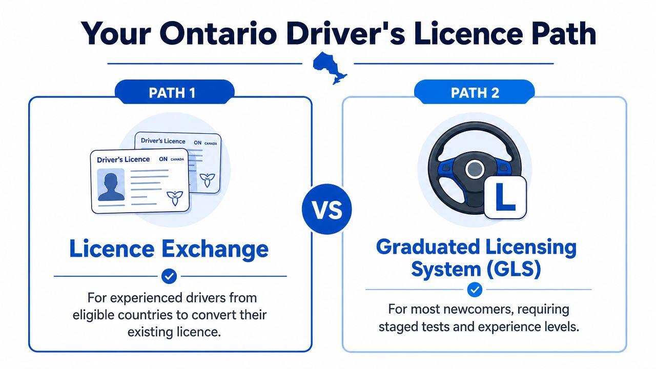 A visual guide comparing Ontario's driver's licence paths, showing licence exchange for experienced drivers versus the graduated licensing system.