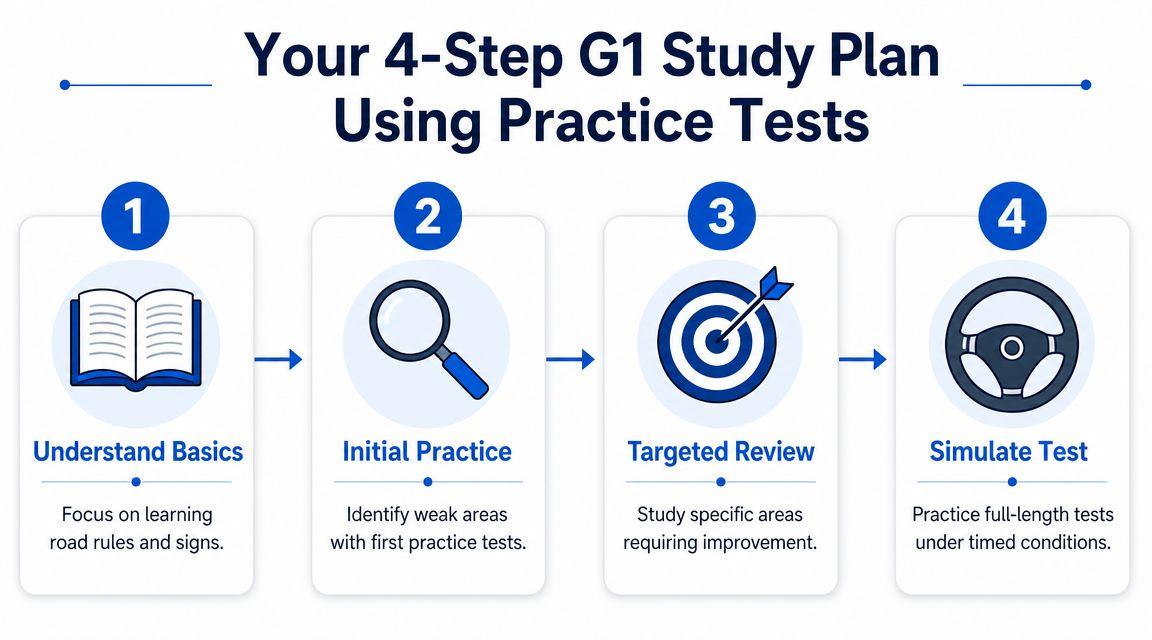 A 4-step G1 study plan infographic using practice tests to help prepare for driving license exams.
