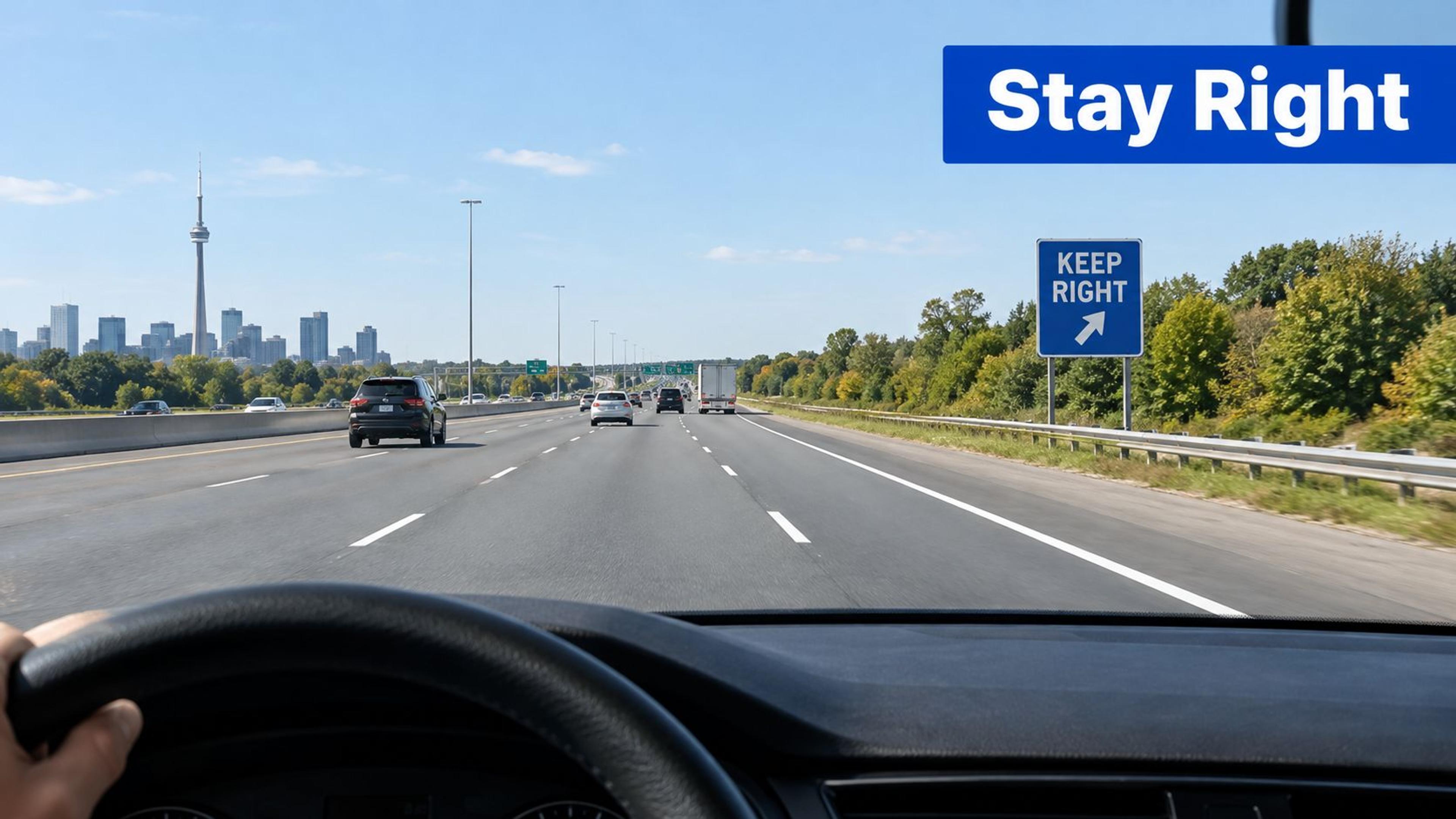 A view from inside a car driving on a highway towards the Toronto skyline with a Keep Right sign.