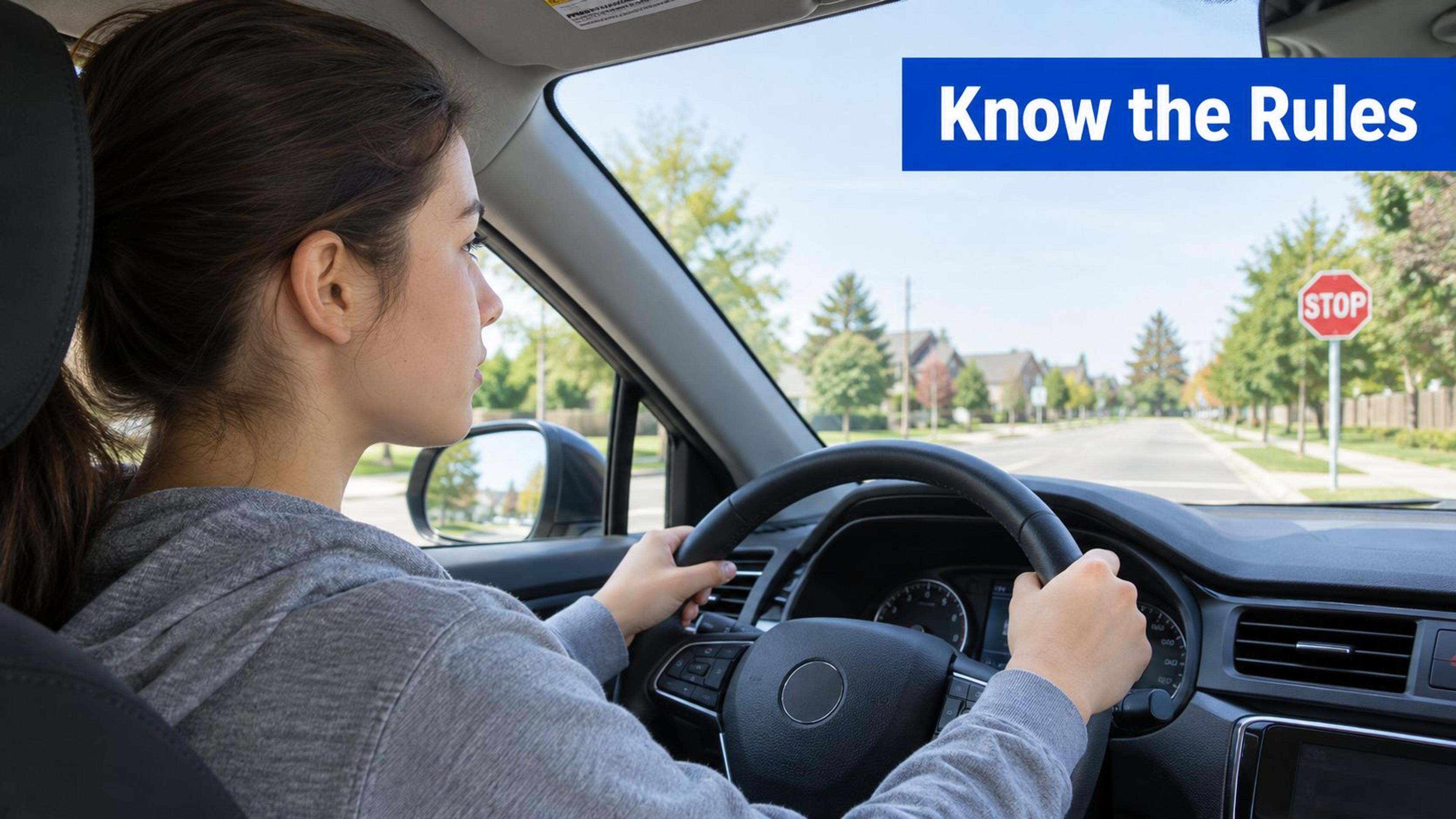 A young woman sits in the driver seat of a car looking towards a stop sign ahead.