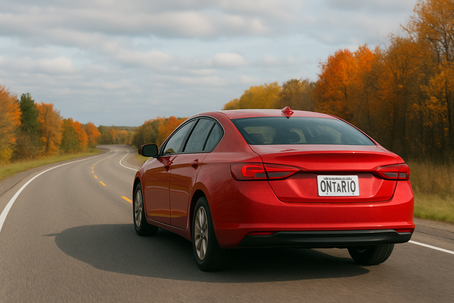 A red car driving on a scenic Ontario road surrounded by greenery and road signs, symbolizing preparation for the G1 driving test in 2025.