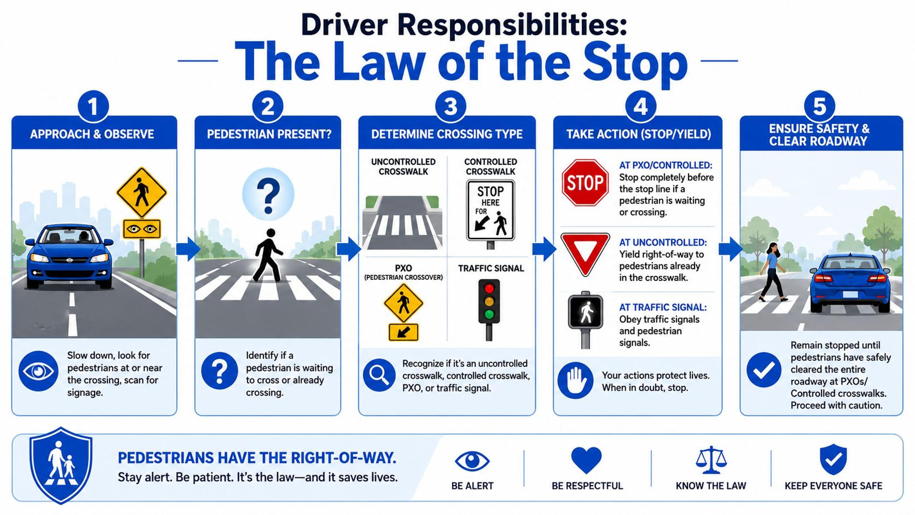 An infographic titled The Law of the Stop detailing five steps for drivers regarding pedestrian crossing safety.