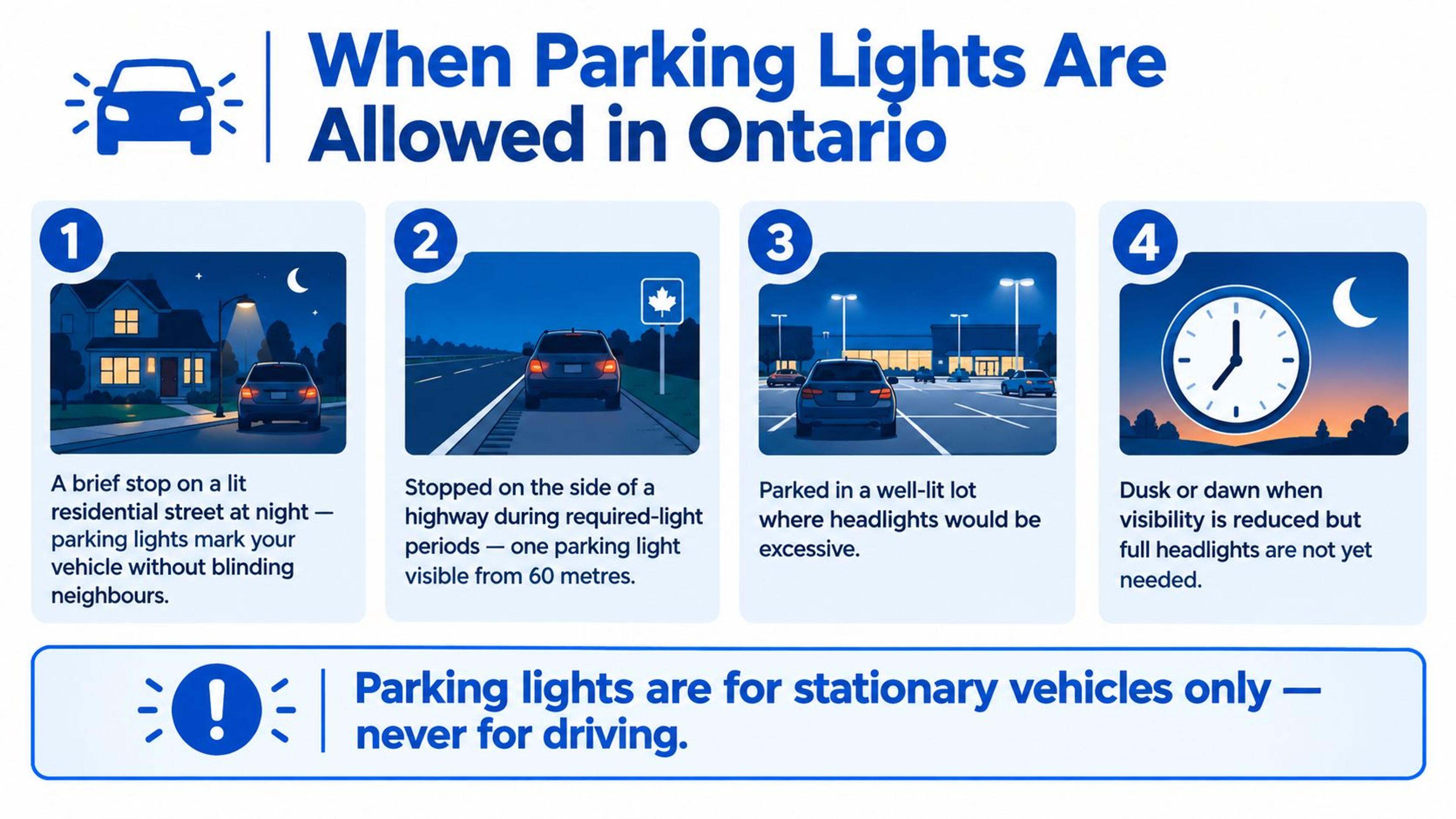 An infographic showing four scenarios where parking lights are allowed to be used on vehicles in Ontario.