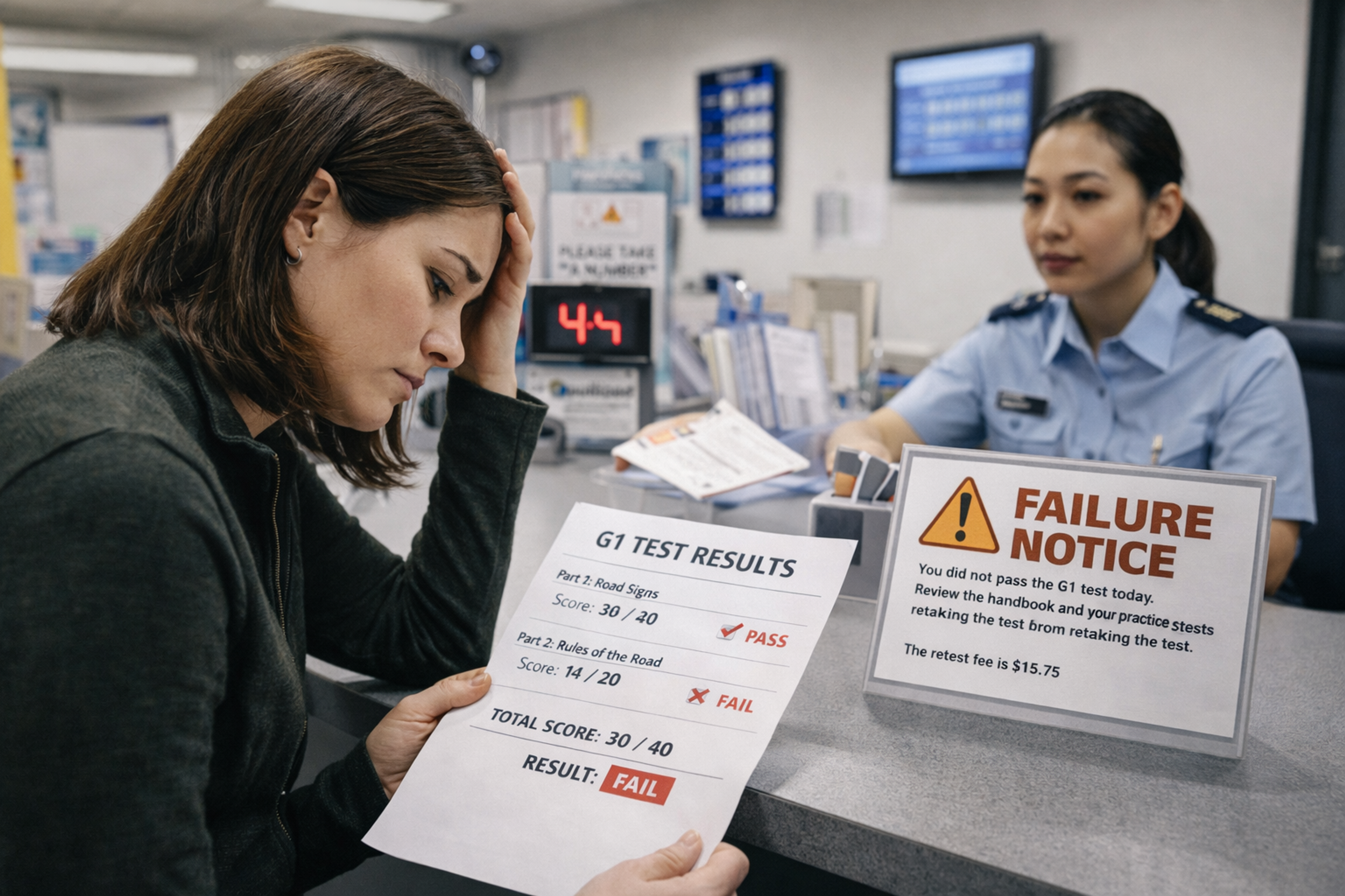 Driver holding failed Ontario G1 test results at ServiceOntario counter