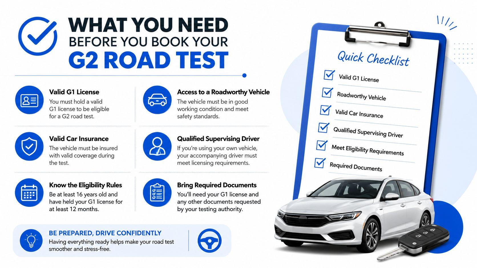 A checklist infographic detailing the necessary requirements for booking an Ontario G2 road driving test.