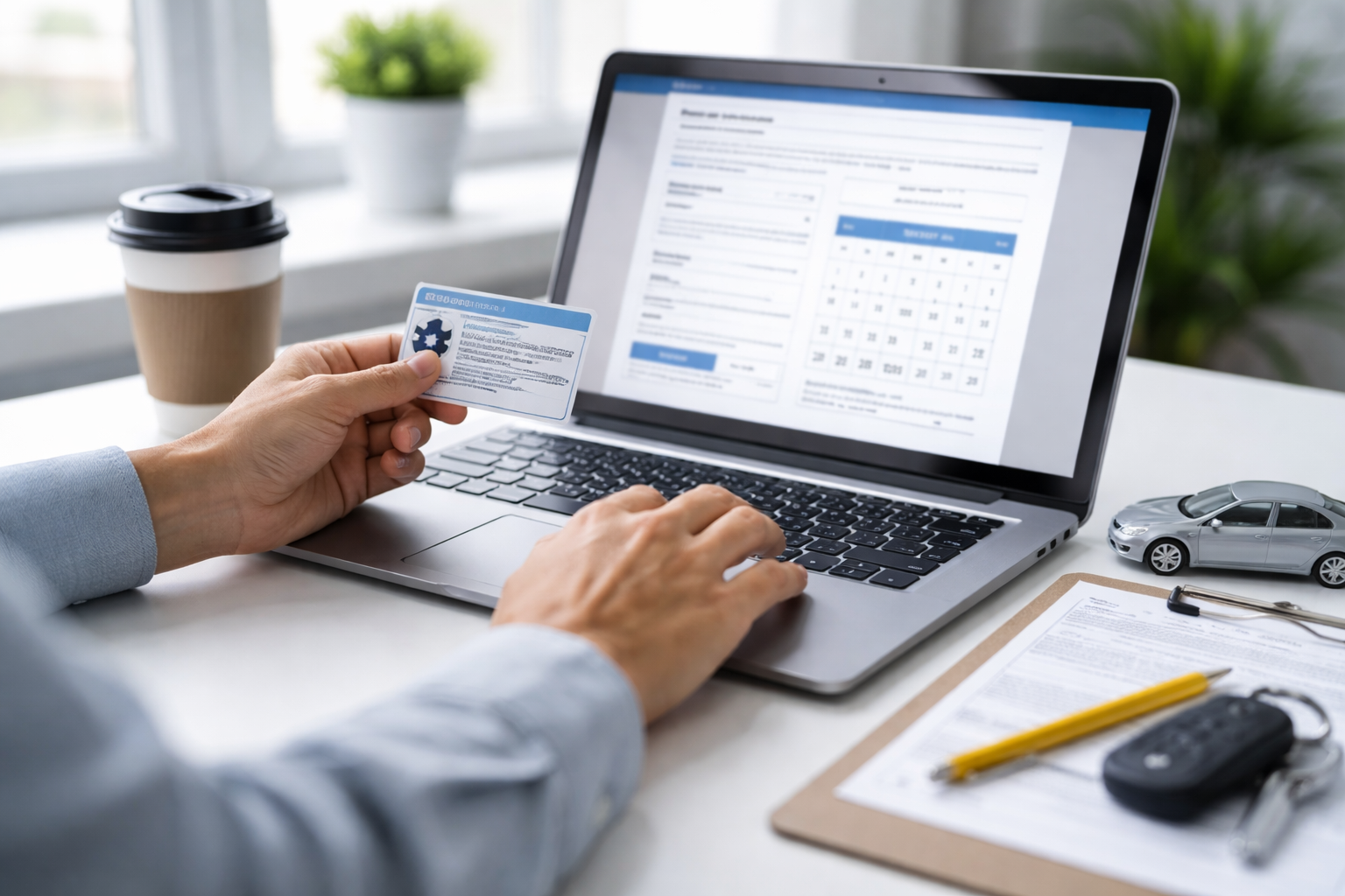 Person booking Ontario G1 driving test online using a laptop and driver licence