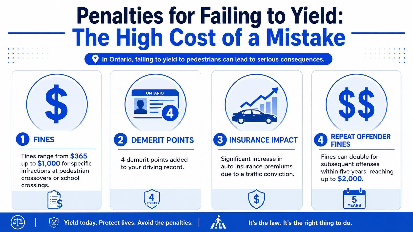 An infographic detailing penalties for failing to yield to pedestrians, including fines, demerit points, and insurance increases.