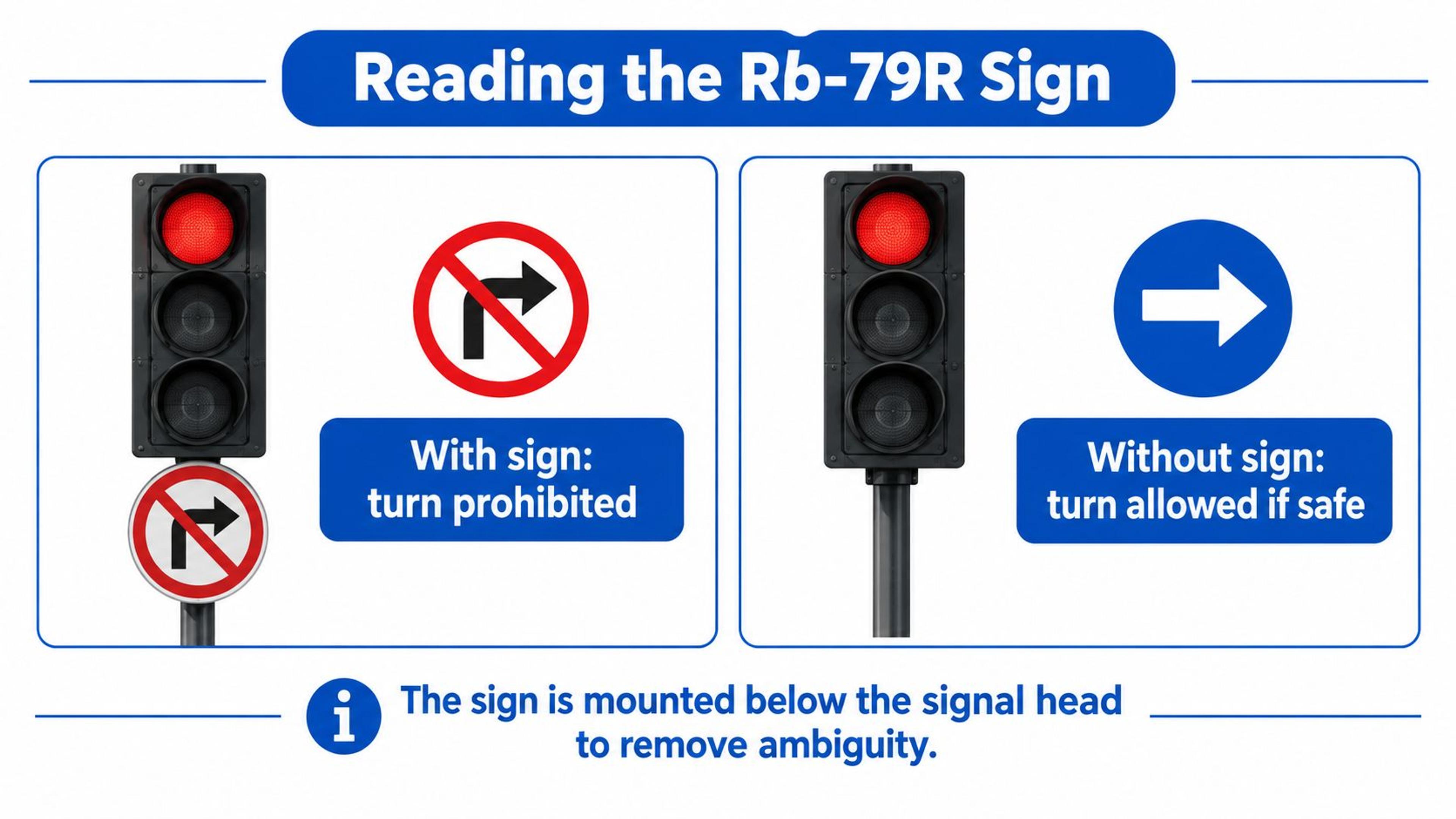 An educational infographic explaining the meaning of a no right turn on red sign at traffic lights.