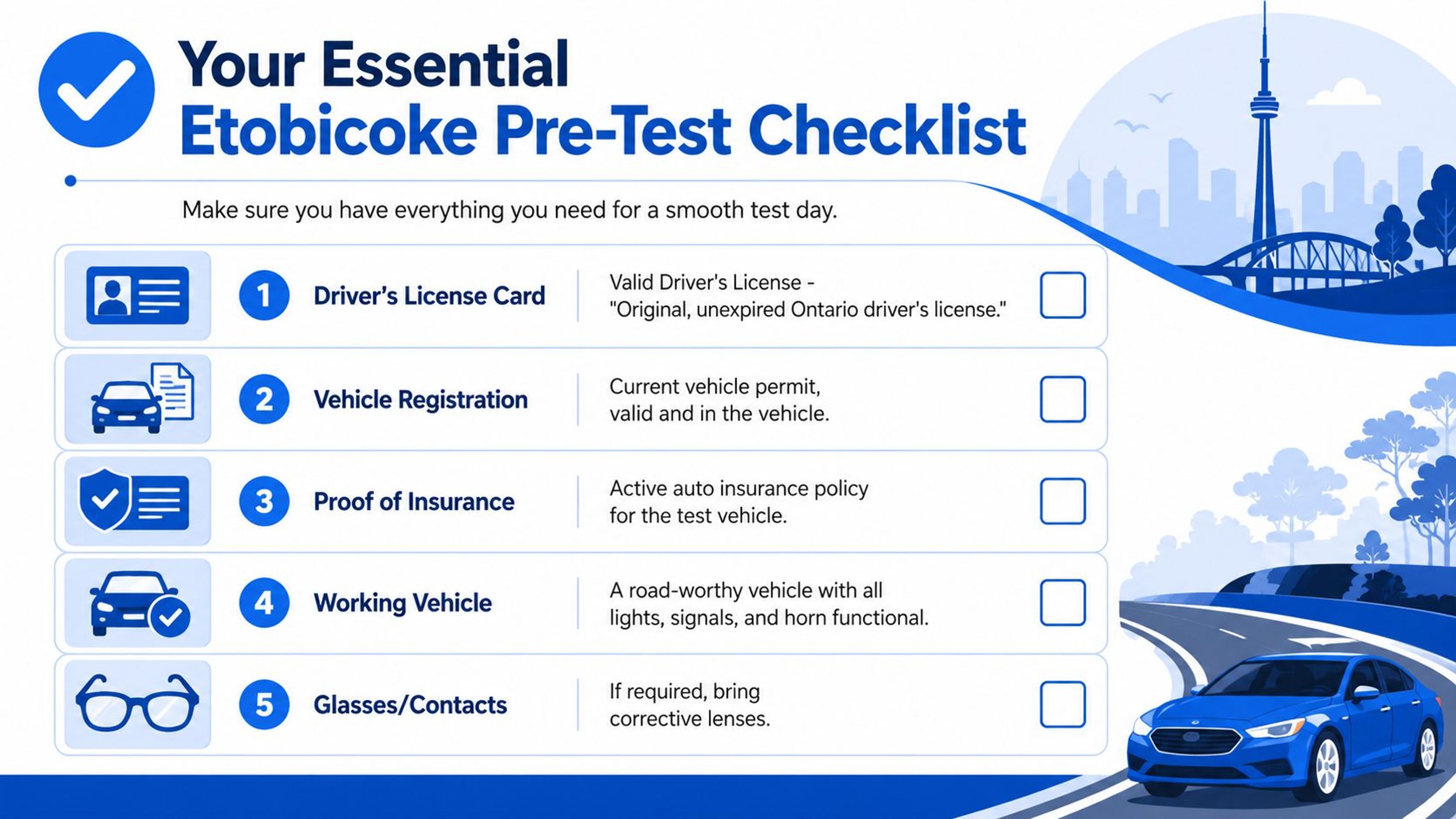 A checklist showing the five essential items required for a driving test at the Etobicoke centre.