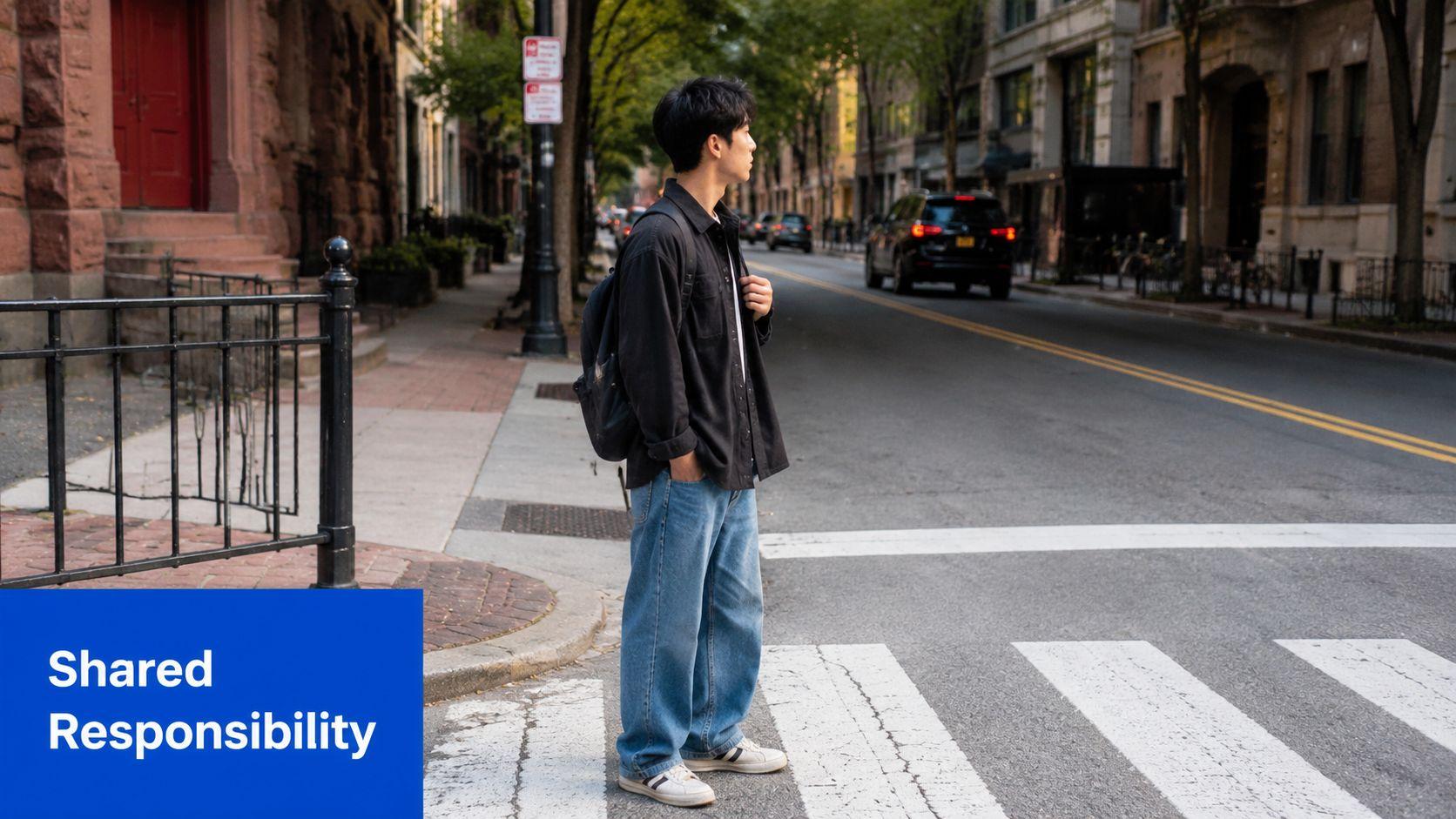 A young man standing on a crosswalk in a quiet city street, emphasizing safe pedestrian habits.