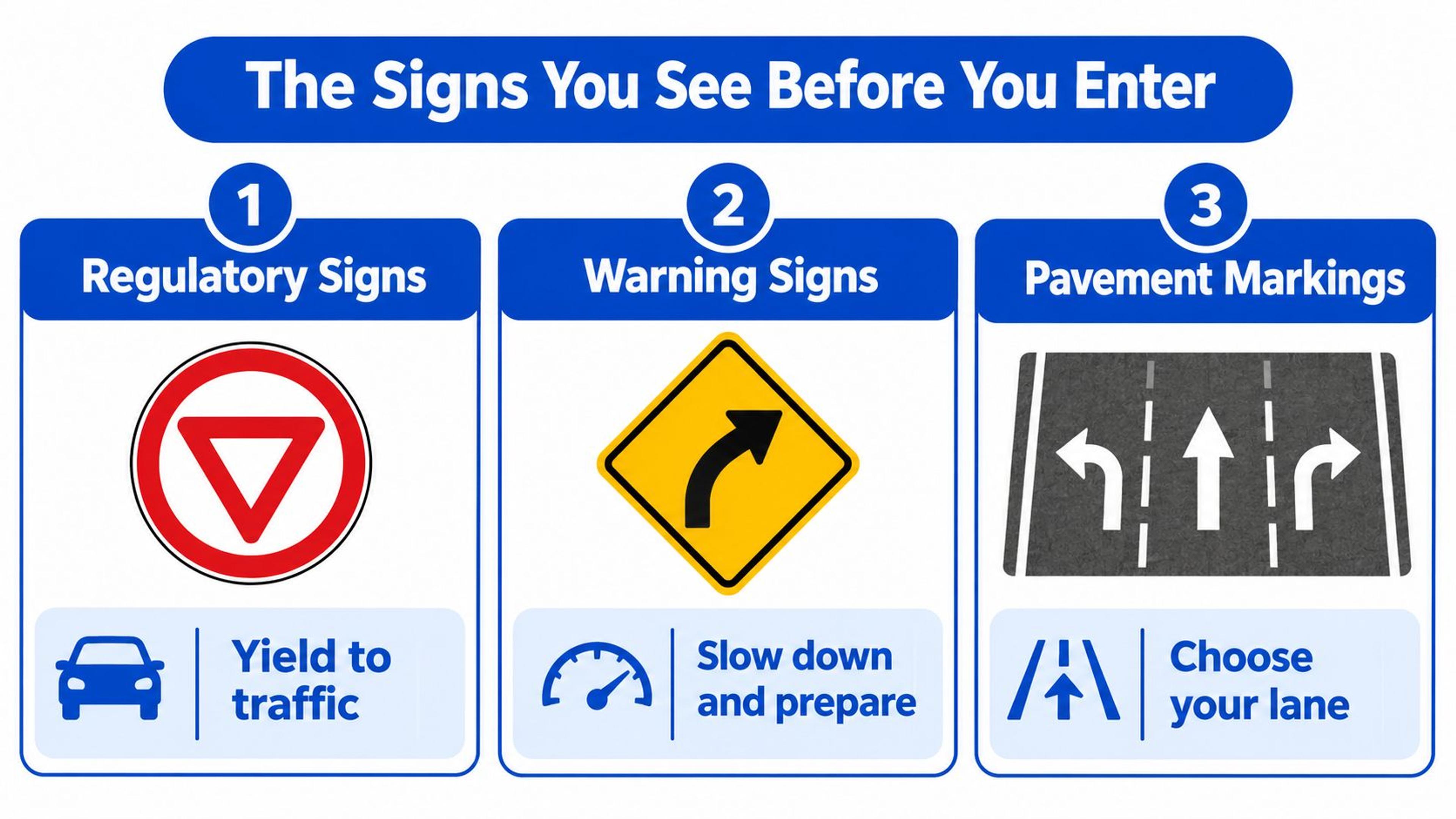 An educational infographic illustrating three types of road signs used before entering a roundabout or intersection.