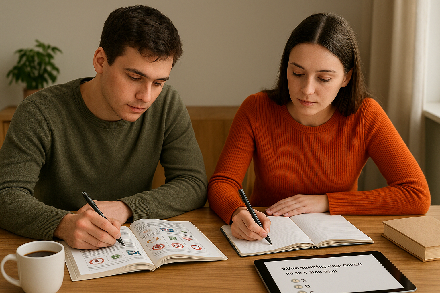 A young man and woman studying together at a wooden table for the Ontario G1 driving test, with open books showing traffic signs, a notebook, a tablet displaying a practice question, and a coffee mug nearby.