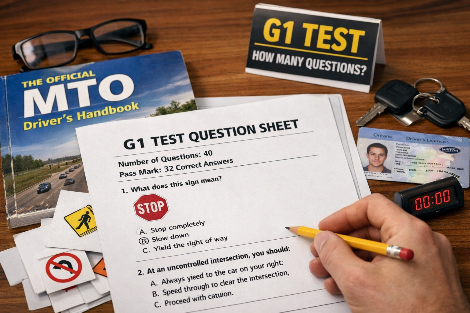 Close-up of Ontario G1 test practice questions showing how many questions are on the G1 knowledge test