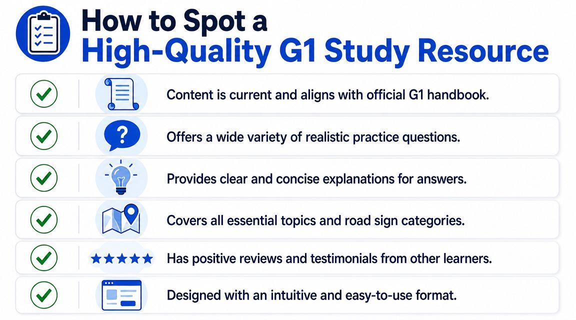 An infographic listing six criteria to identify high-quality G1 license study materials for learner drivers.