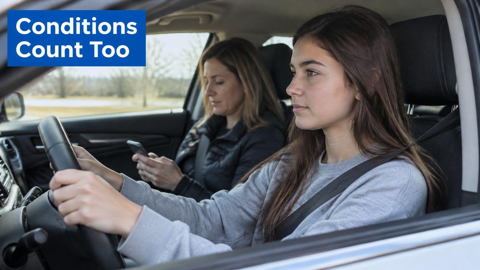 A young female driver focused on the road with an adult passenger using a smartphone nearby.