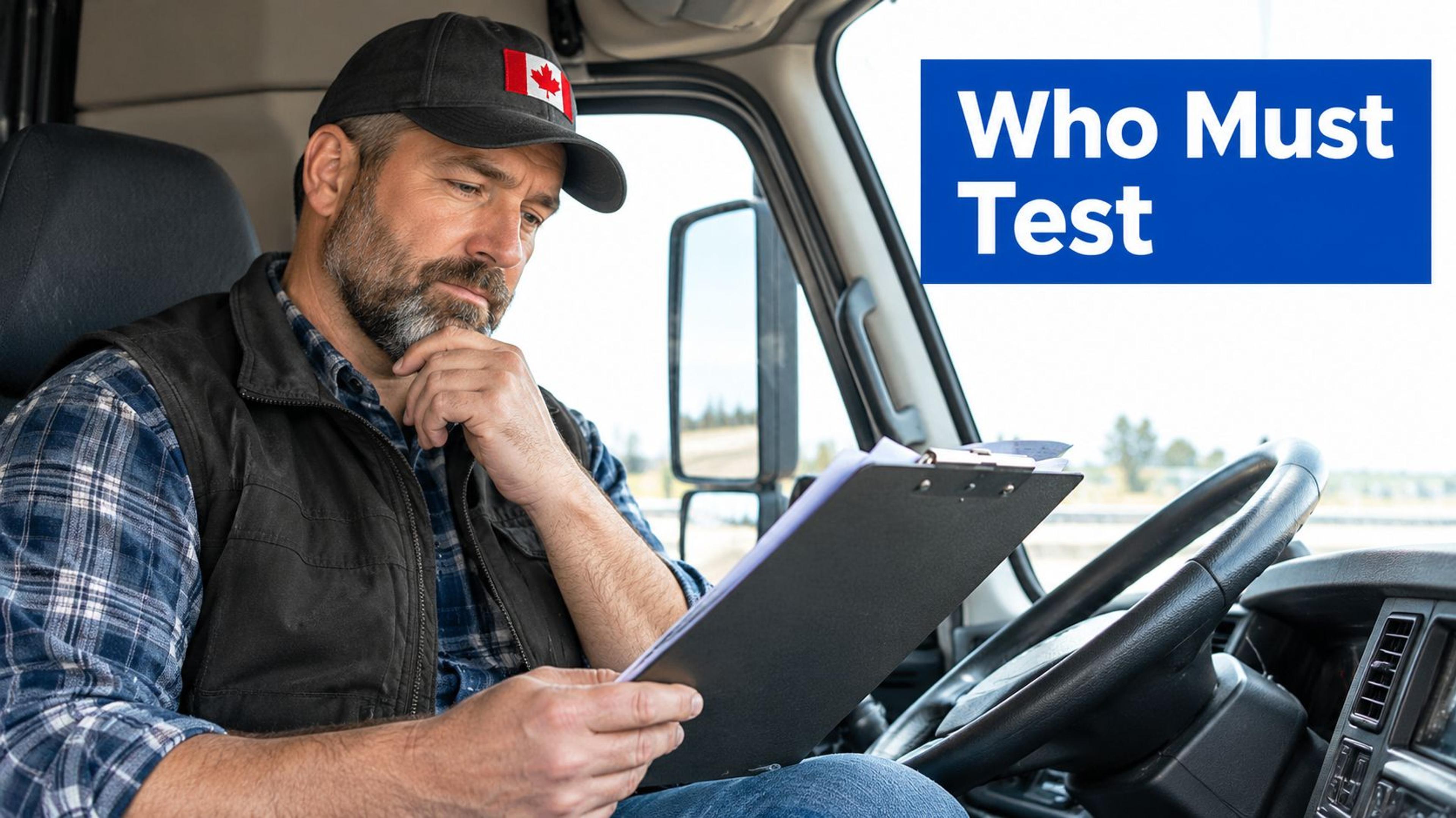 A professional truck driver sitting in the cab of his truck while reviewing paperwork on a clipboard.