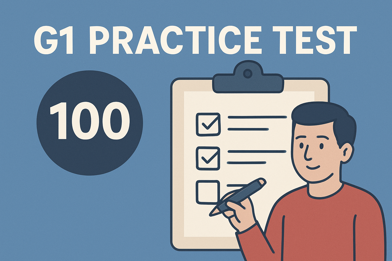 Illustration of a person marking answers on a checklist clipboard, representing a 100-question G1 practice test study tool.
