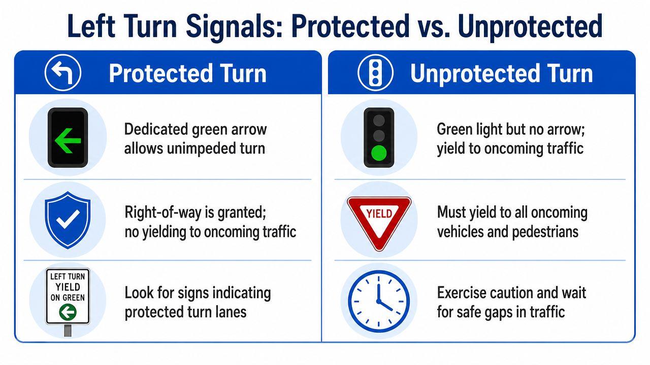 A visual guide comparing protected and unprotected left turn traffic signals and their respective right-of-way rules.