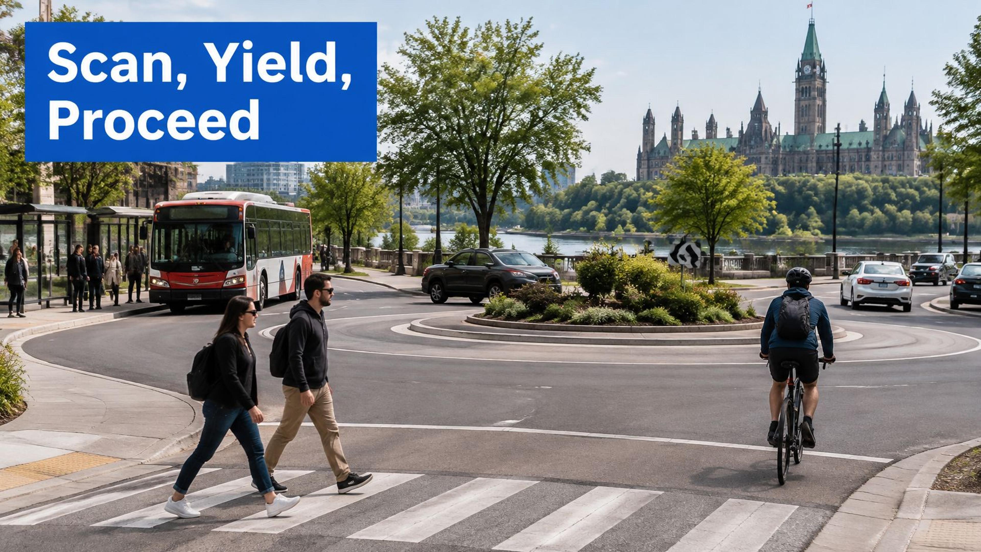 Pedestrians and a cyclist navigating a roundabout in front of the Parliament buildings in Ottawa, Canada.