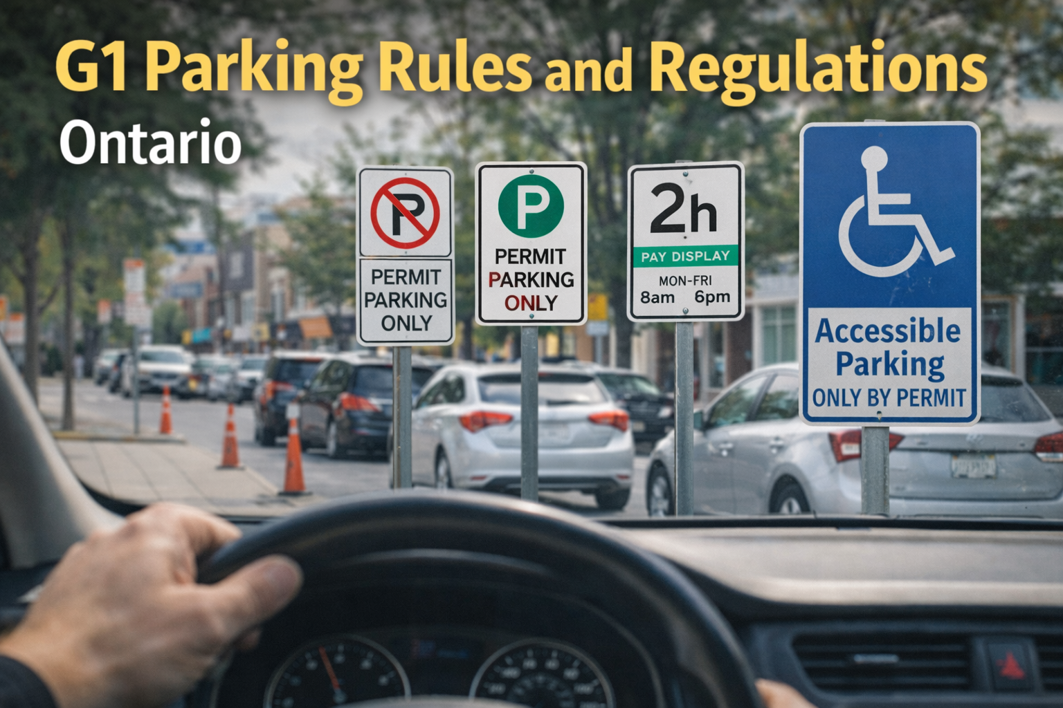 Ontario street parking signs showing permit parking, no parking, pay display and accessible parking for G1 test study