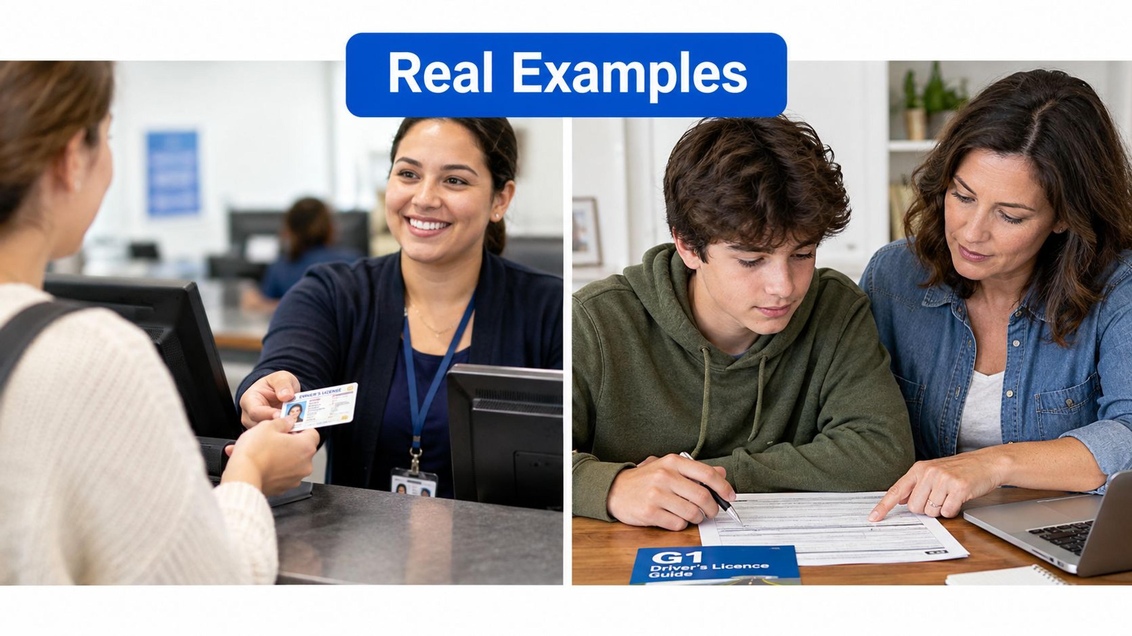 A split image showing a customer receiving a driver's license and a student studying with a mentor.