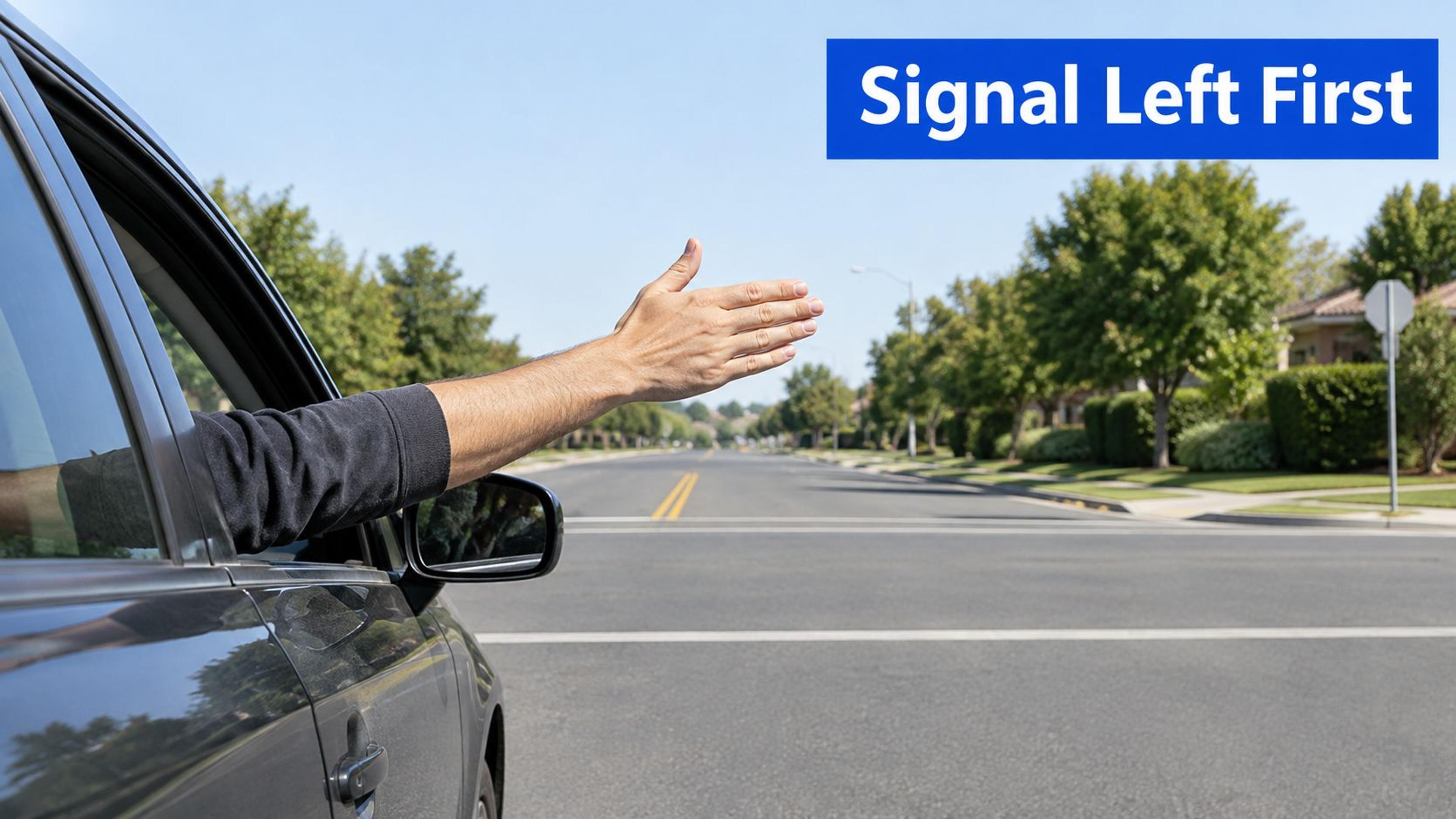 A person extending their arm out of a car window to perform a left turn hand signal.