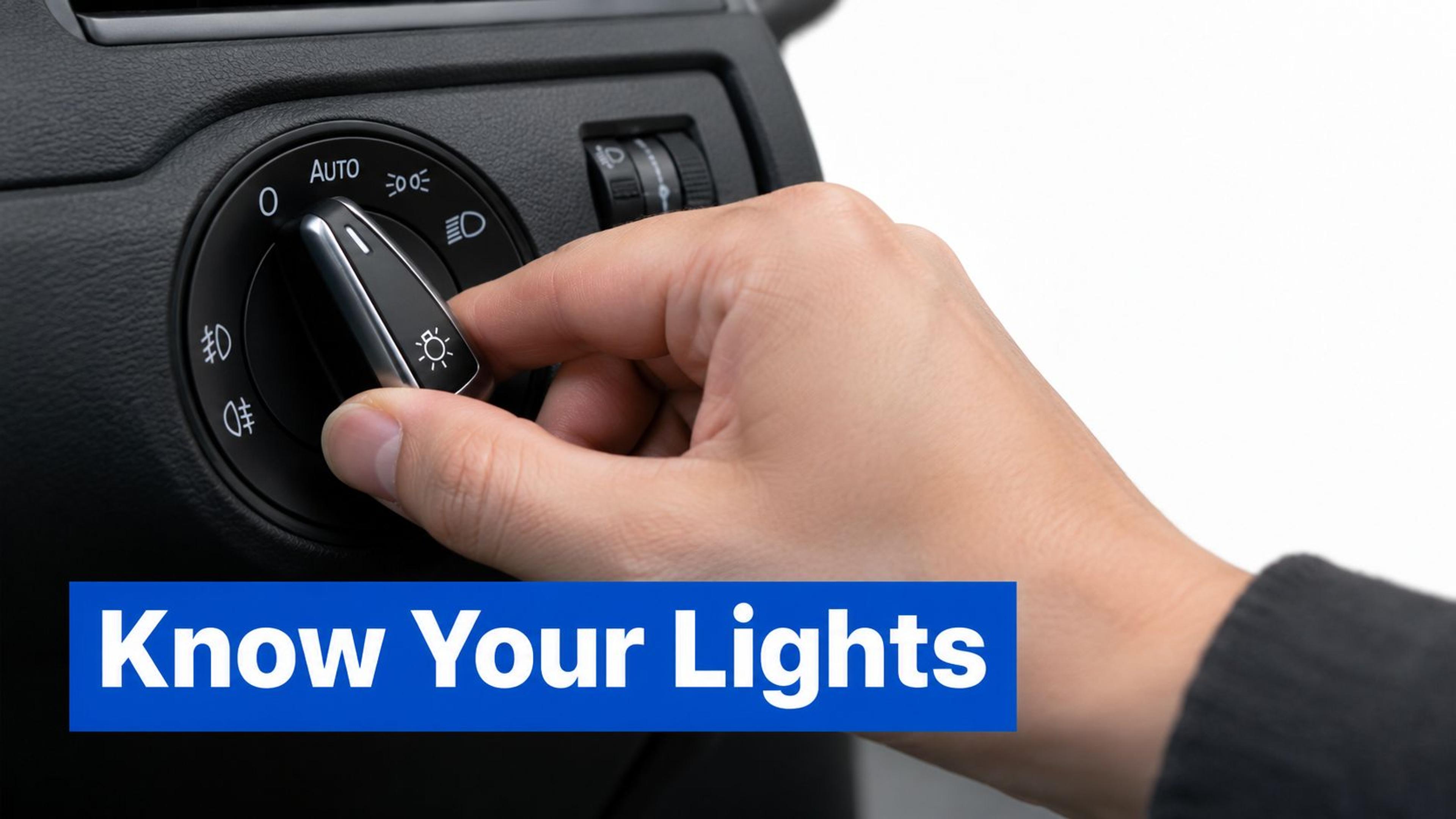 A hand adjusting a car headlight control switch on a vehicle dashboard to select light settings.