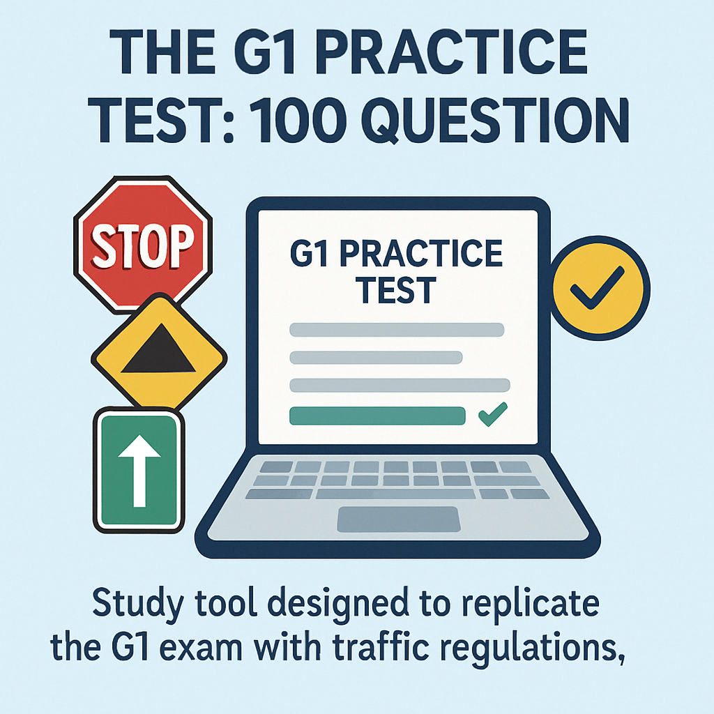 Illustration of a 100-question G1 practice test on a laptop with road signs and a checkmark badge