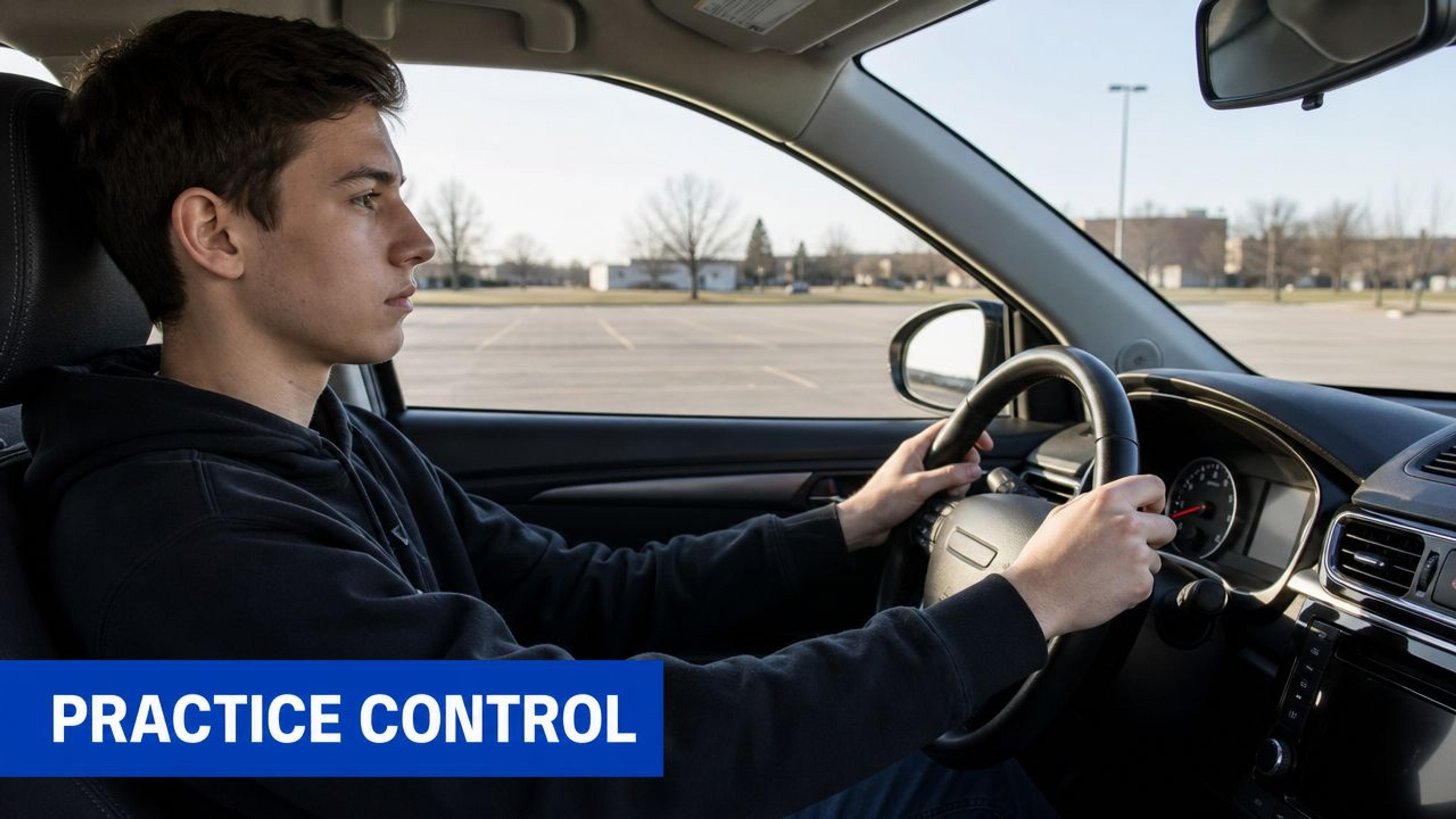 A young man sitting in the driver's seat of a car, practicing proper steering wheel grip techniques.