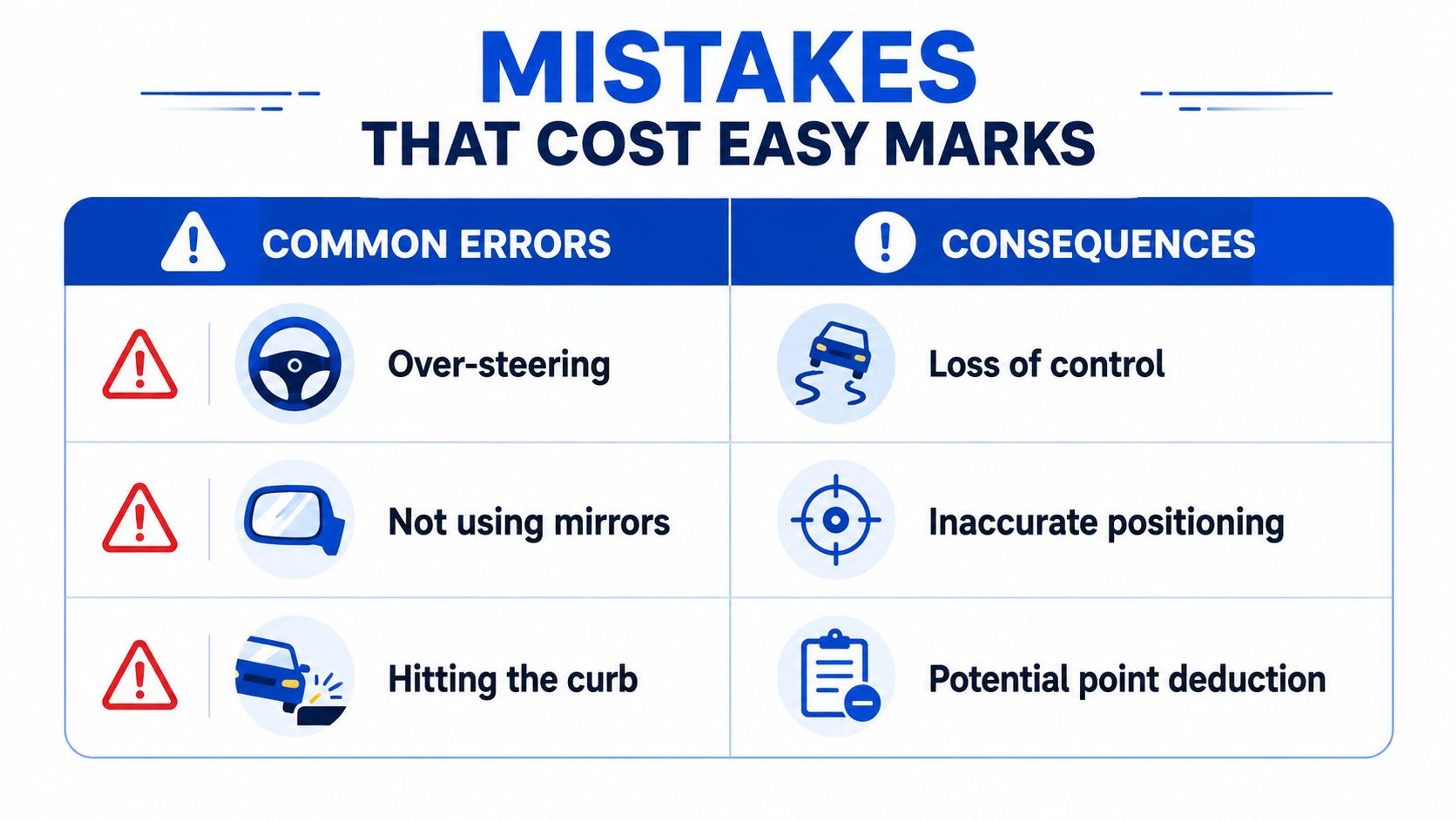 A table outlining three common driving test mistakes such as over-steering, not using mirrors, and hitting the curb.