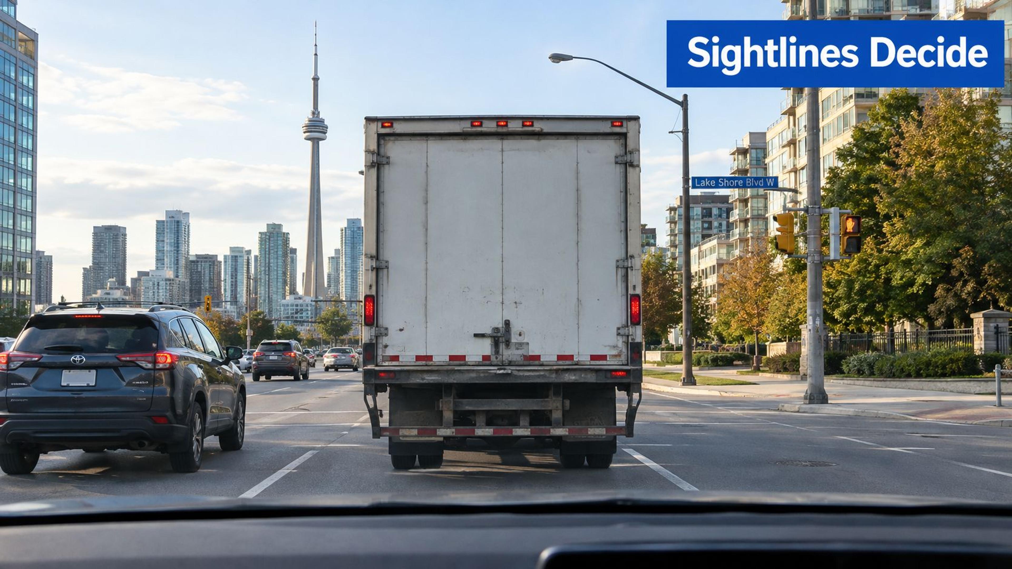 A view from a car driver's perspective at an intersection in Toronto featuring the CN Tower.