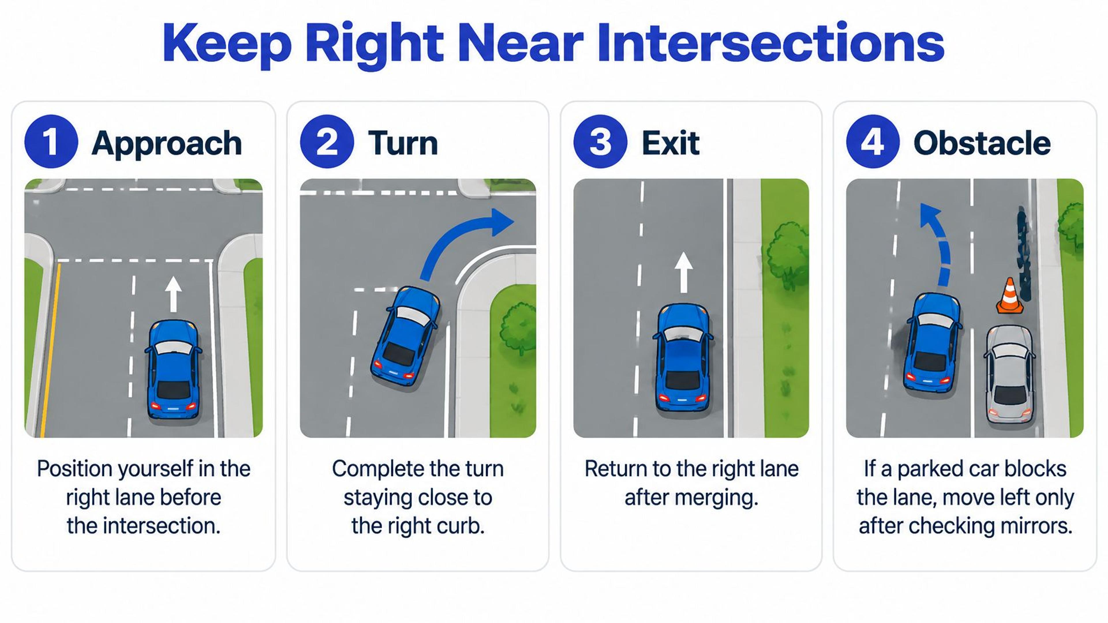 An instructional graphic showing four steps for drivers to keep right near intersections and around obstacles.
