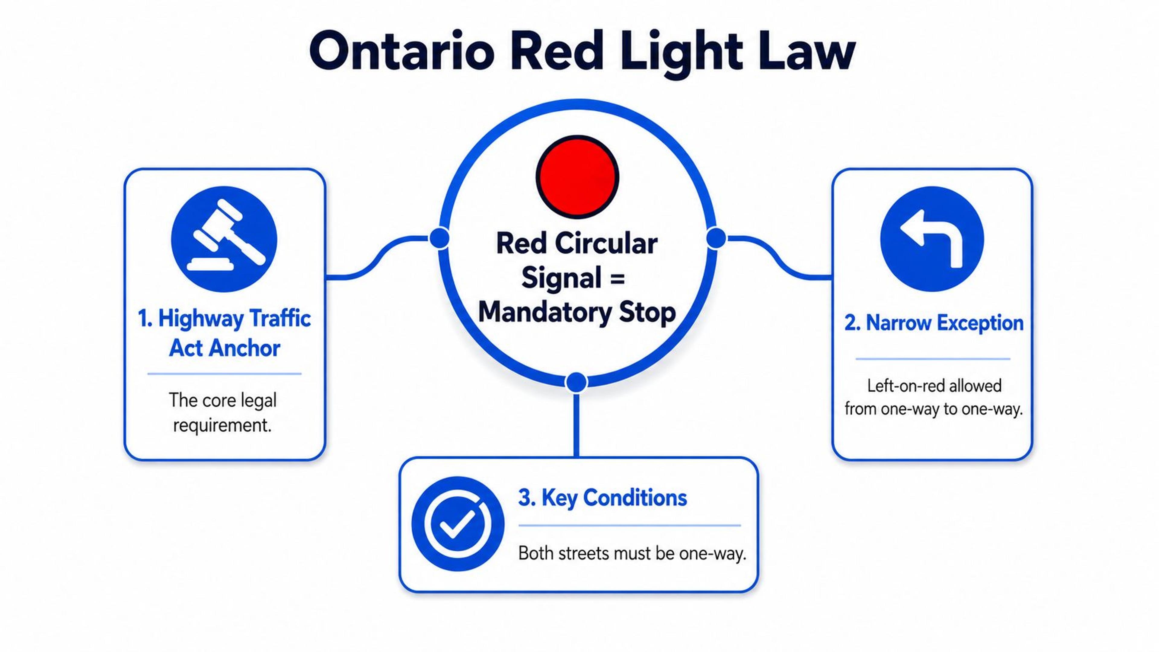 An infographic titled Ontario Red Light Law, explaining the mandatory stop and specific exception for turning left on red.