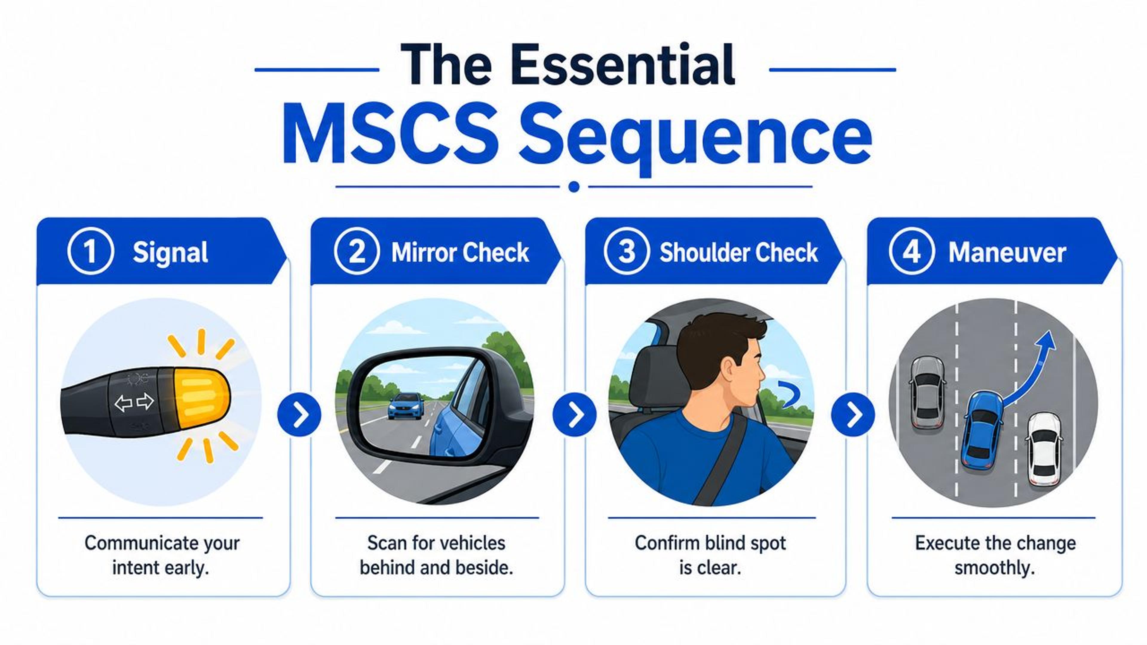 An infographic illustrating the four-step MSCS sequence for safe lane changing while driving.