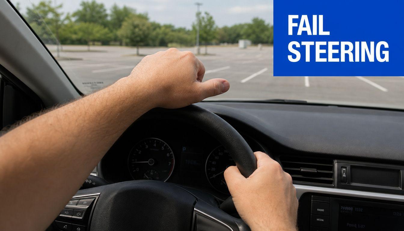 A person driving a car, holding the steering wheel with both hands, seen from the driver's perspective.