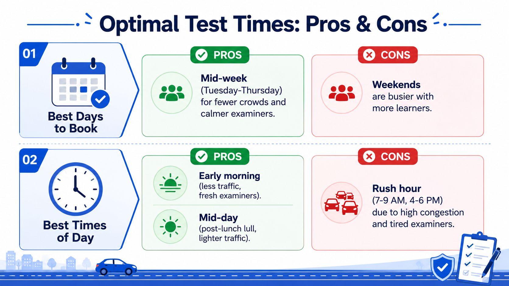 An infographic showing optimal days and times for taking a driving test to avoid traffic and congestion.