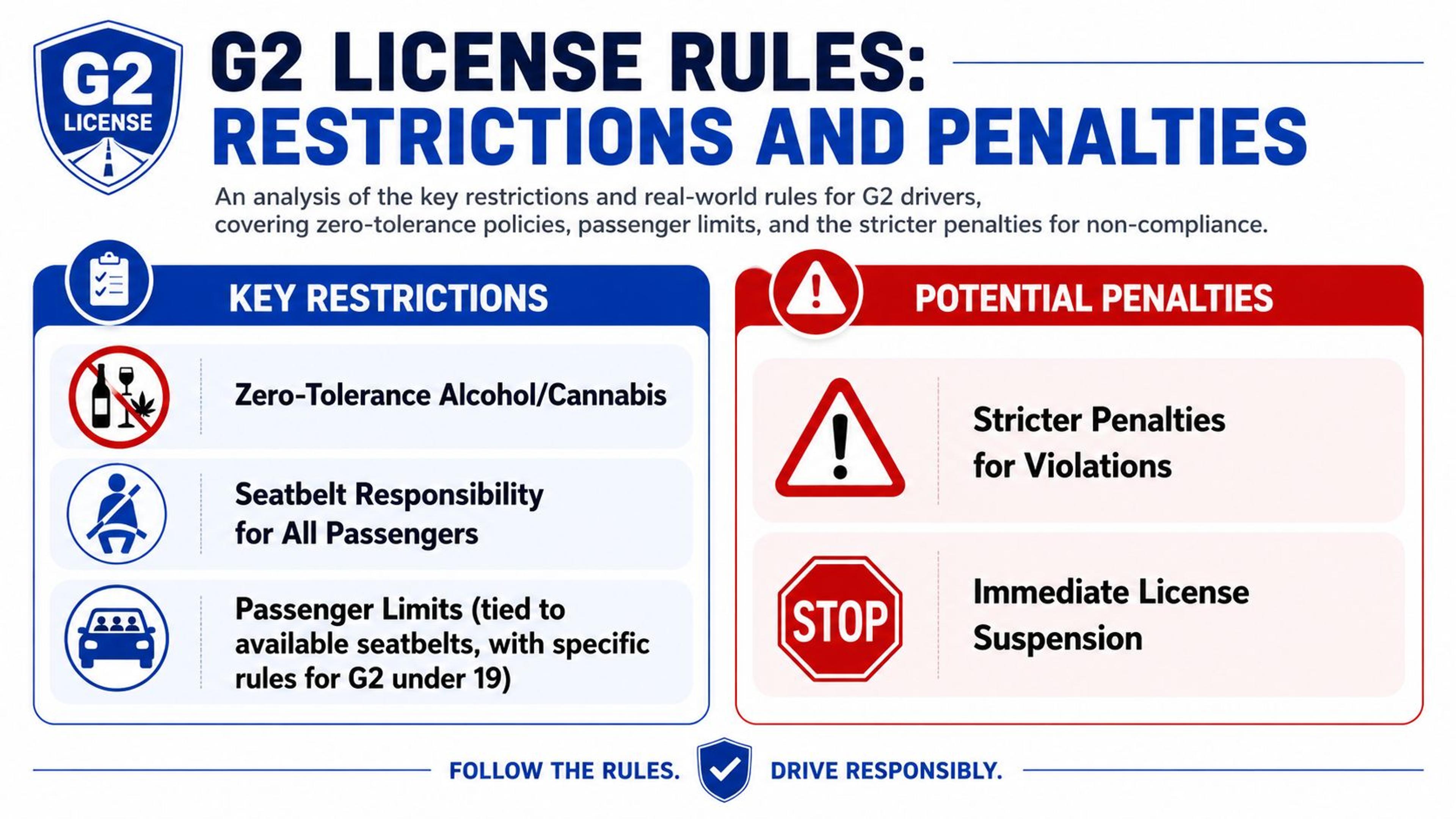 An infographic detailing G2 license rules including restrictions, zero-tolerance policies, passenger limits, and potential penalties for drivers.