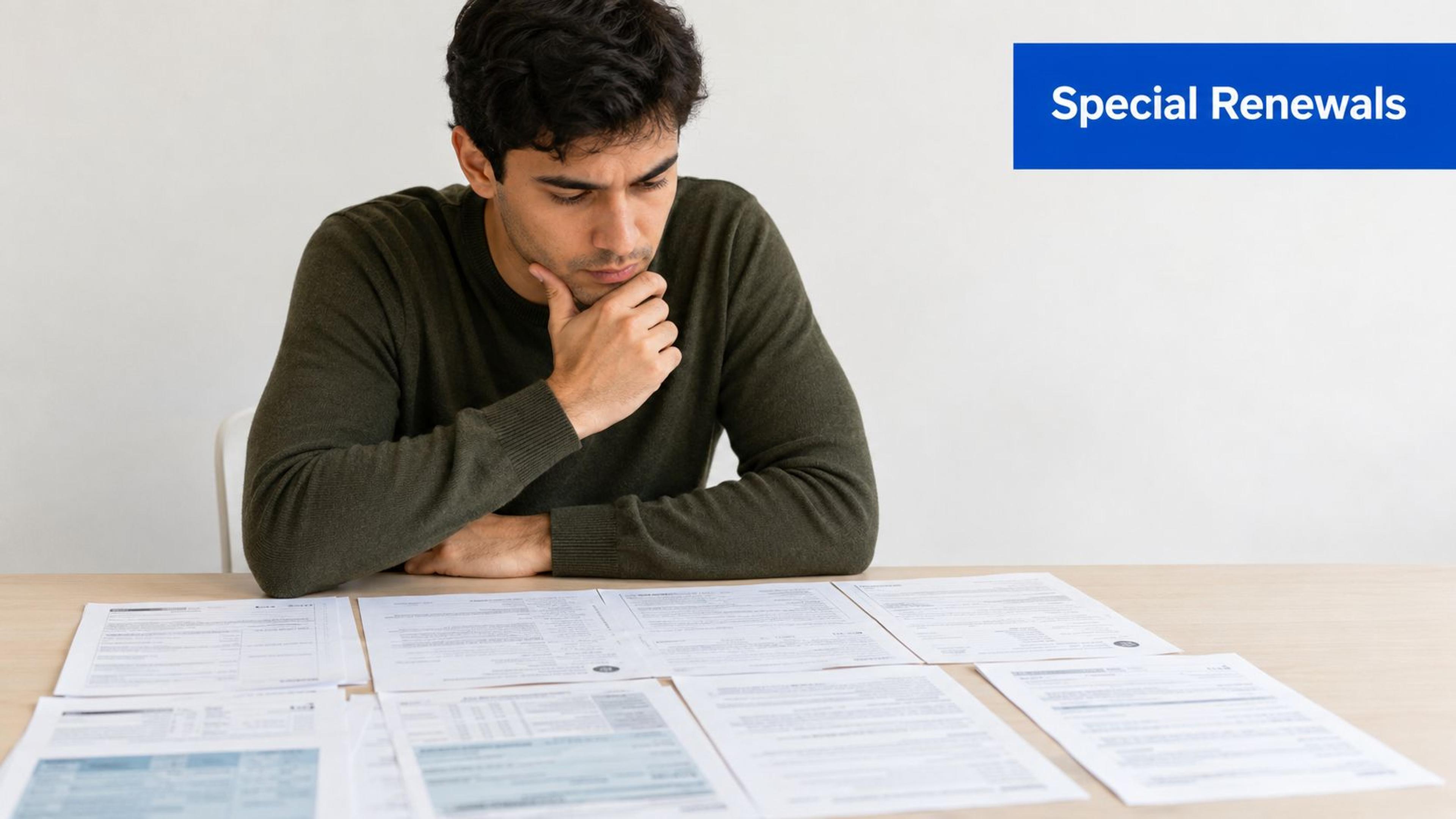 A man in a green sweater sits at a table contemplating various legal documents and paperwork.