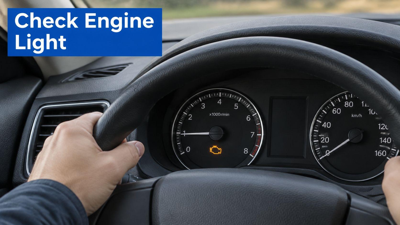 A close-up view of a car dashboard showing an illuminated yellow check engine warning symbol.