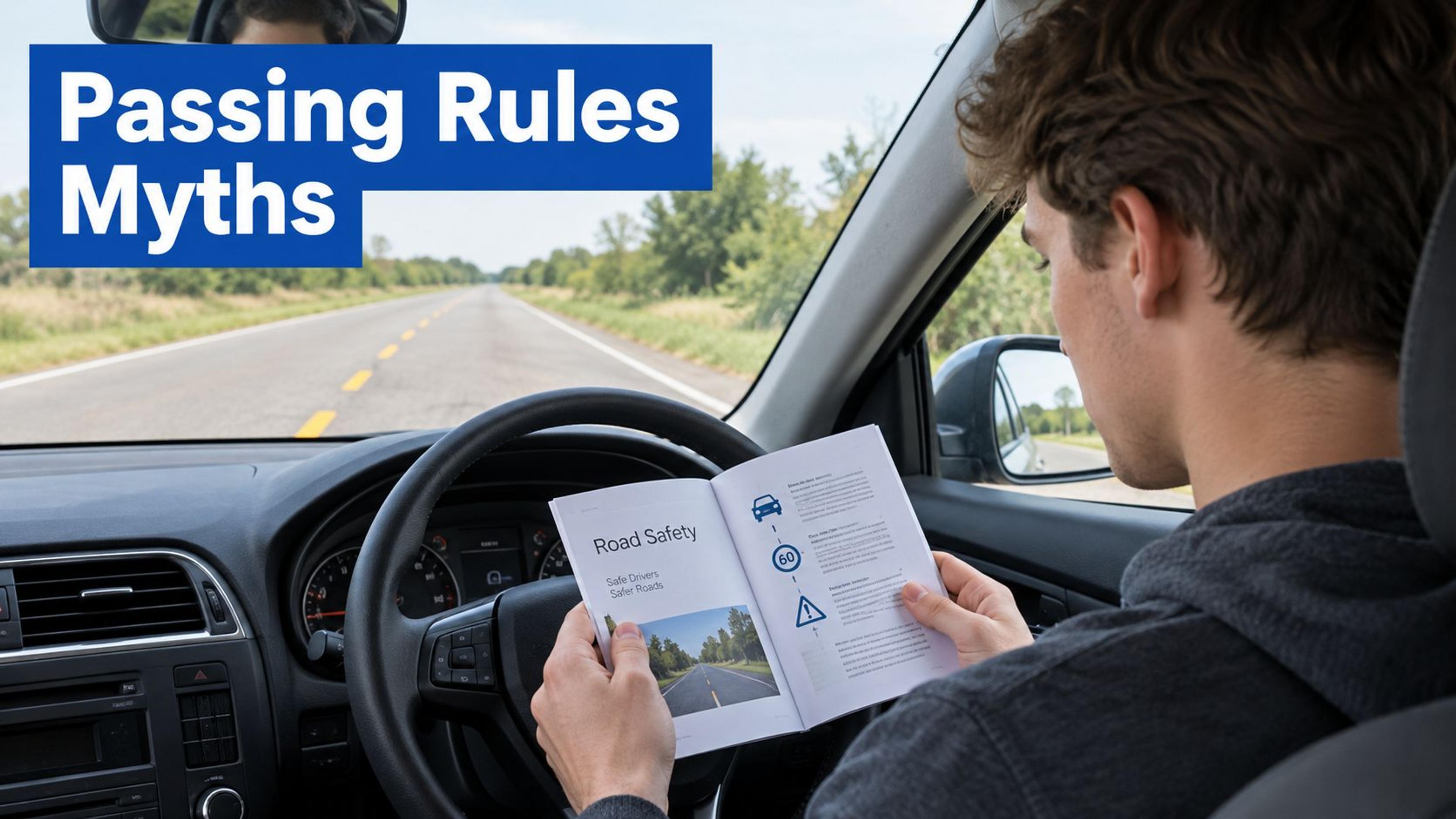 A young man sits in the driver's seat of a car reading a manual about road safety.