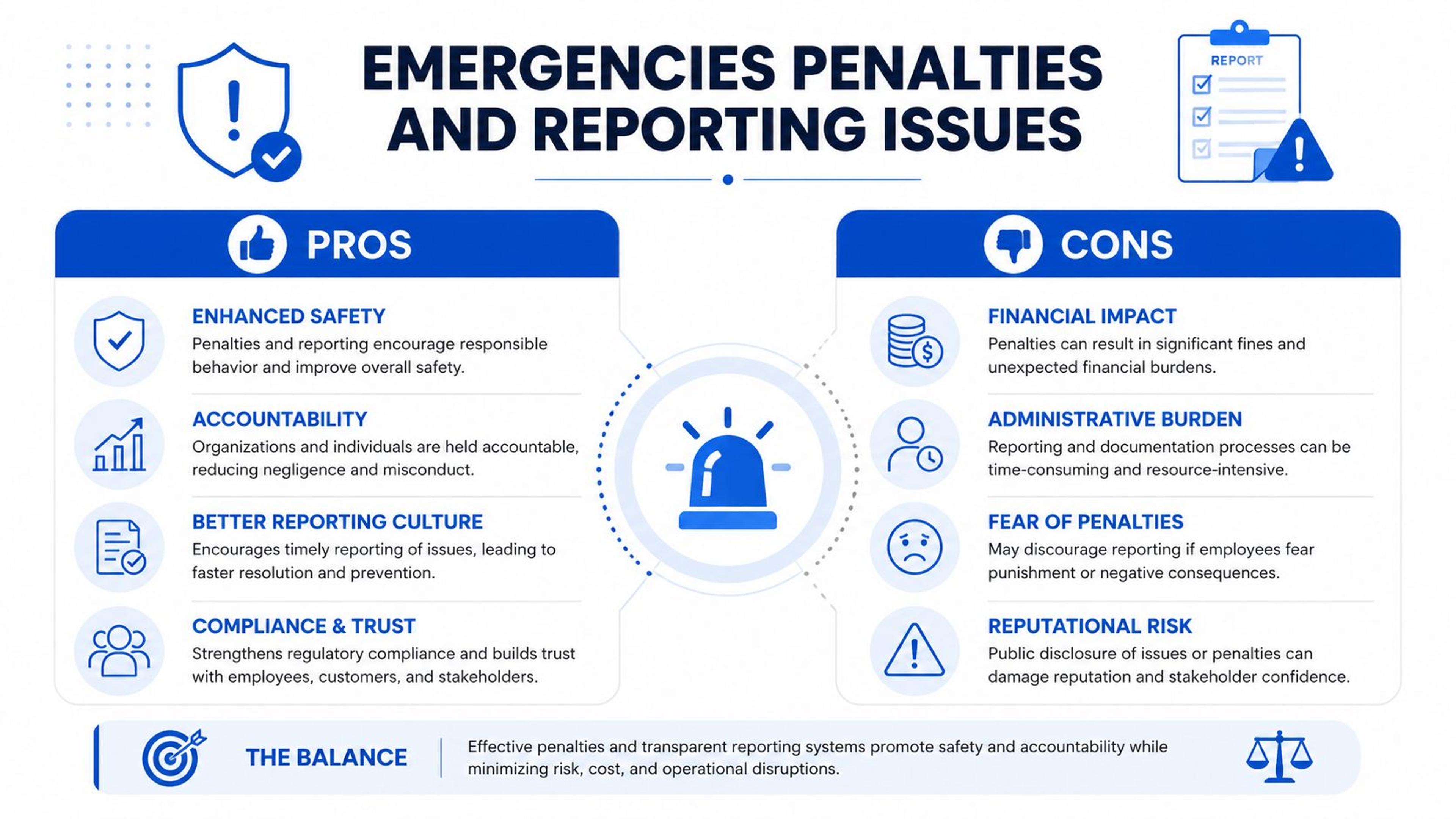 An infographic titled Emergencies Penalties and Reporting Issues detailing the pros and cons of regulatory compliance systems.