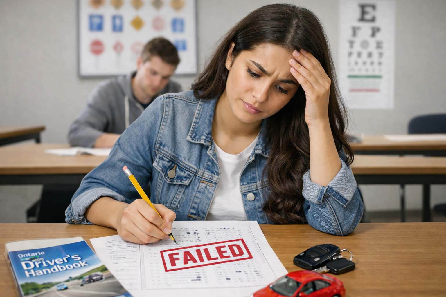 Woman failing Ontario G1 knowledge test while writing driving exam, showing common G1 test mistakes new drivers make