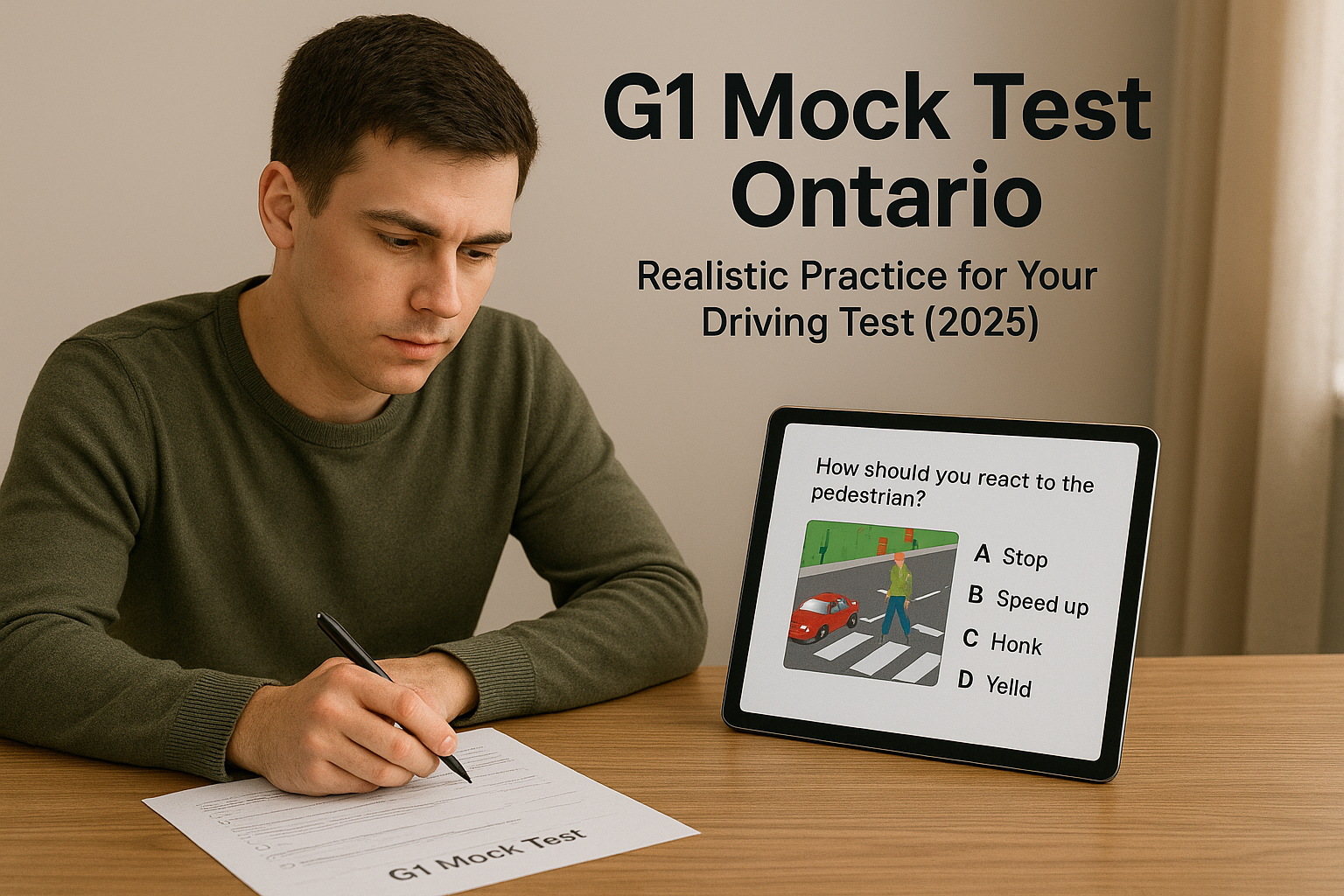 A young man studying for the Ontario G1 driving test, filling out a mock exam while looking at a tablet displaying a driving question, representing realistic G1 test preparation for 2025.