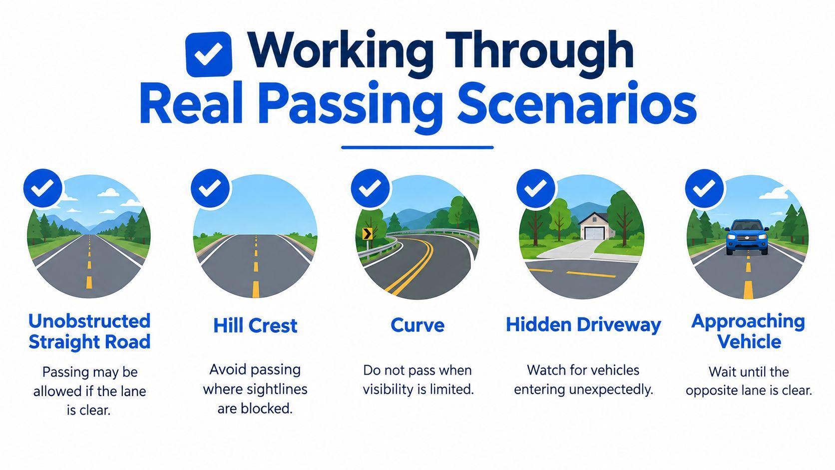 An educational infographic illustrating five different driving scenarios where caution is needed for passing vehicles safely.